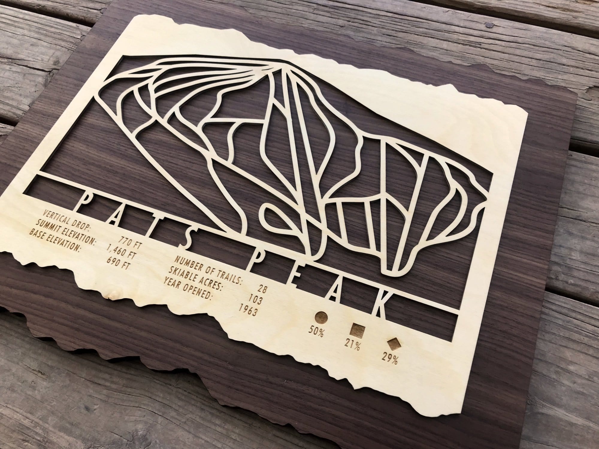 Close-up of Pats Peak Ski Trail Map - Wood Ski Decor showing detailed laser-cut trails and rustic wood texture, ideal for ski-themed home decor.
