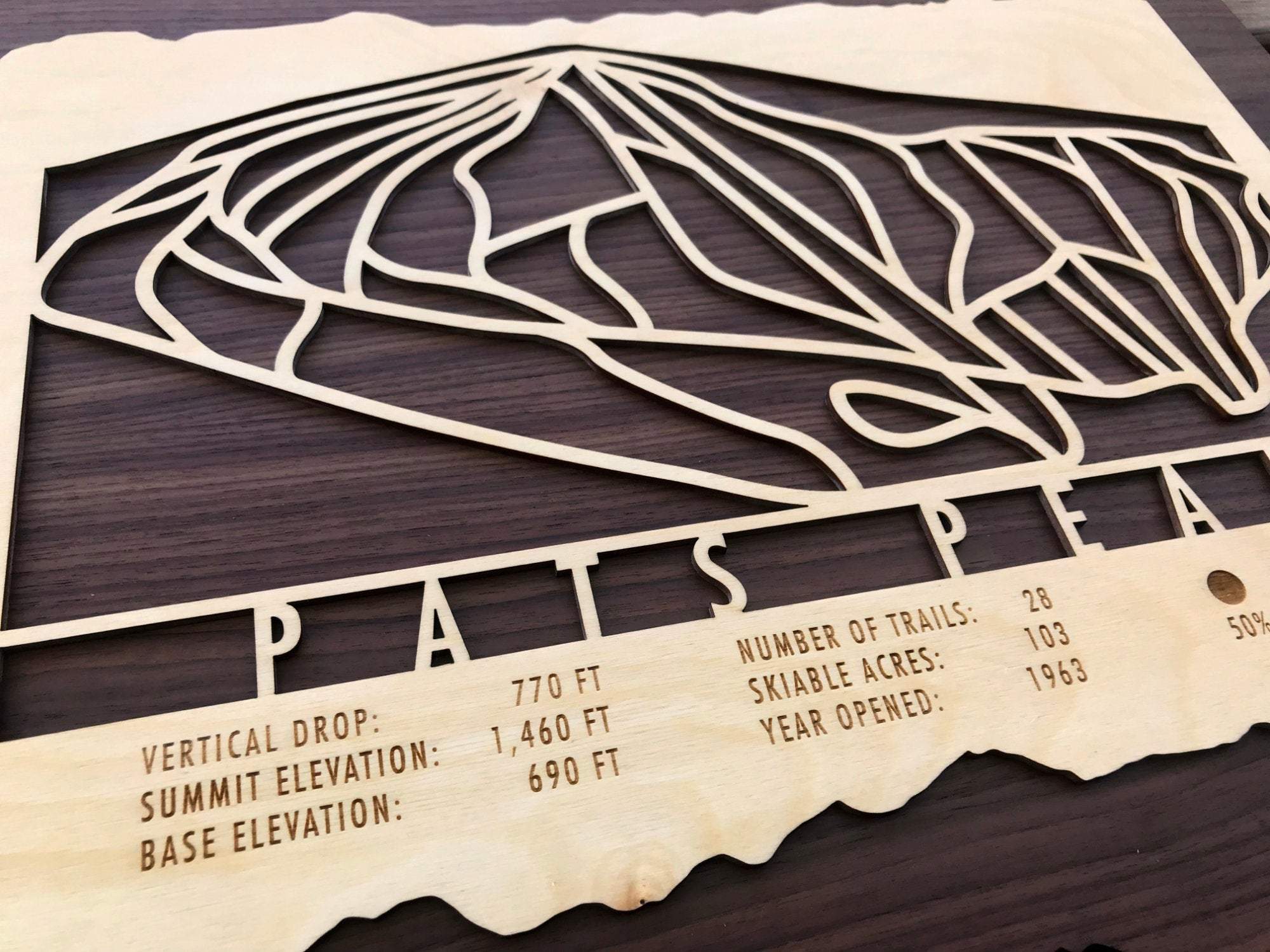 Detailed view of Pats Peak Ski Trail Map - Wood Ski Decor highlighting trail stats and precision-cut mountain design for ski lovers' wall art.