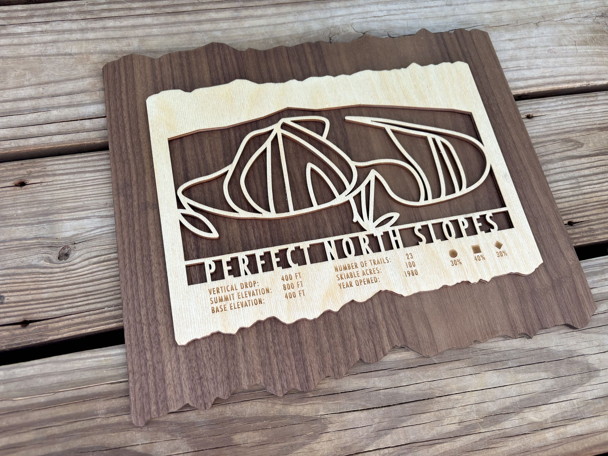 Angled view of Perfect North Slopes Trail Map wood wall art, highlighting its 3D laser-cut design and natural wood grain finish.