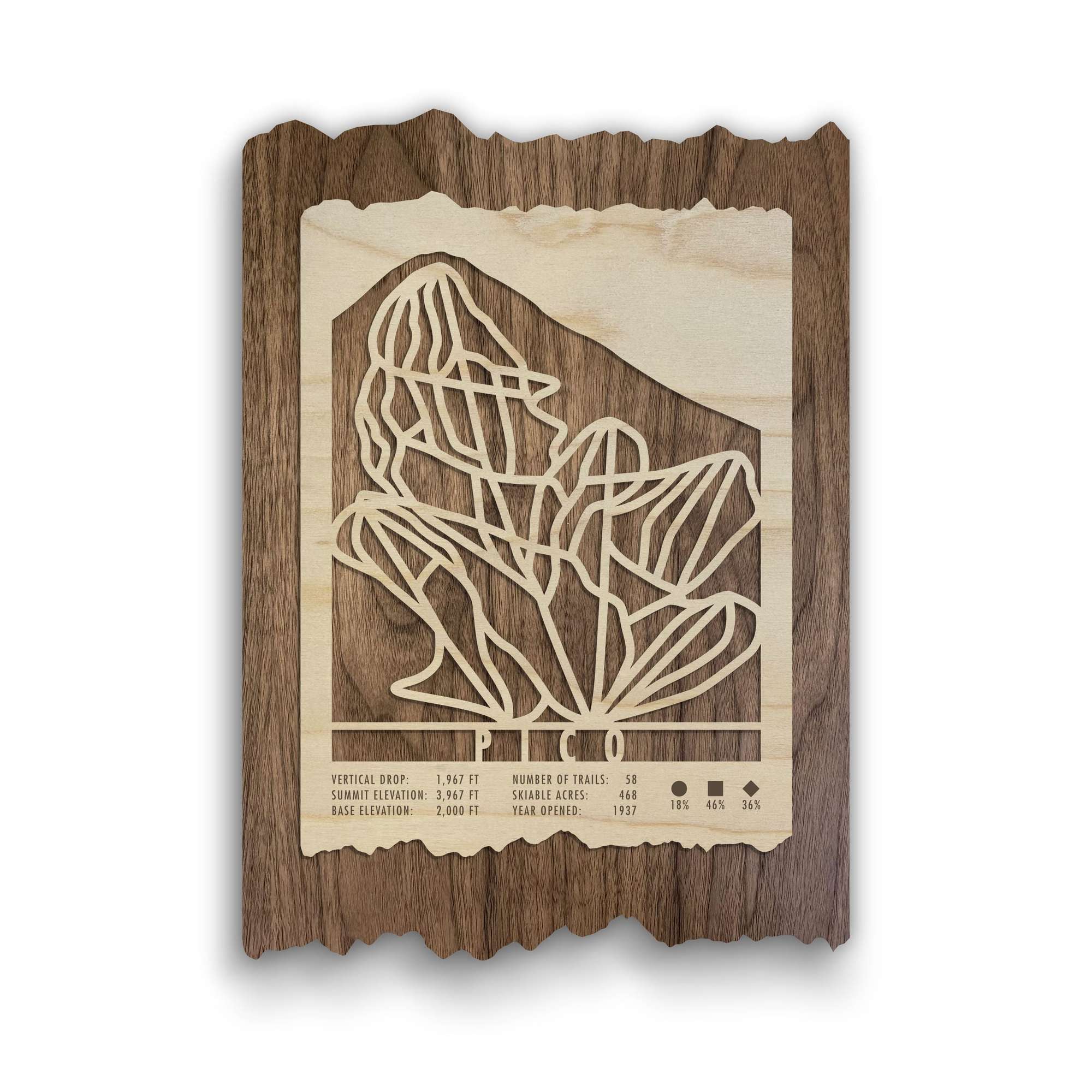 Pico Ski Trail Map - Wood Ski Decor - Mountaincut wall art featuring laser-cut ski trails on natural wood, ideal for ski homes or offices.