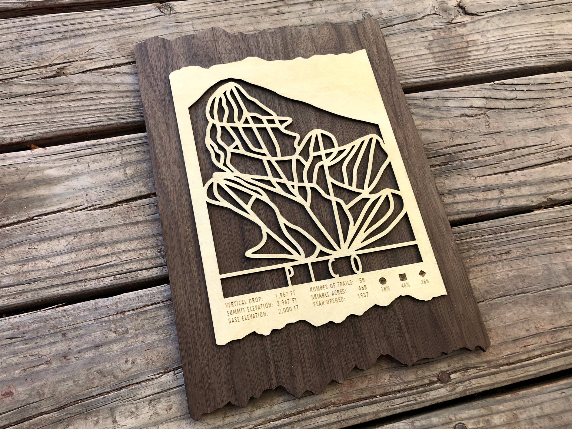 Angled view of Pico Ski Trail Map - Wood Ski Decor - Mountaincut showing detailed wooden craftsmanship and rustic ski-themed artwork.