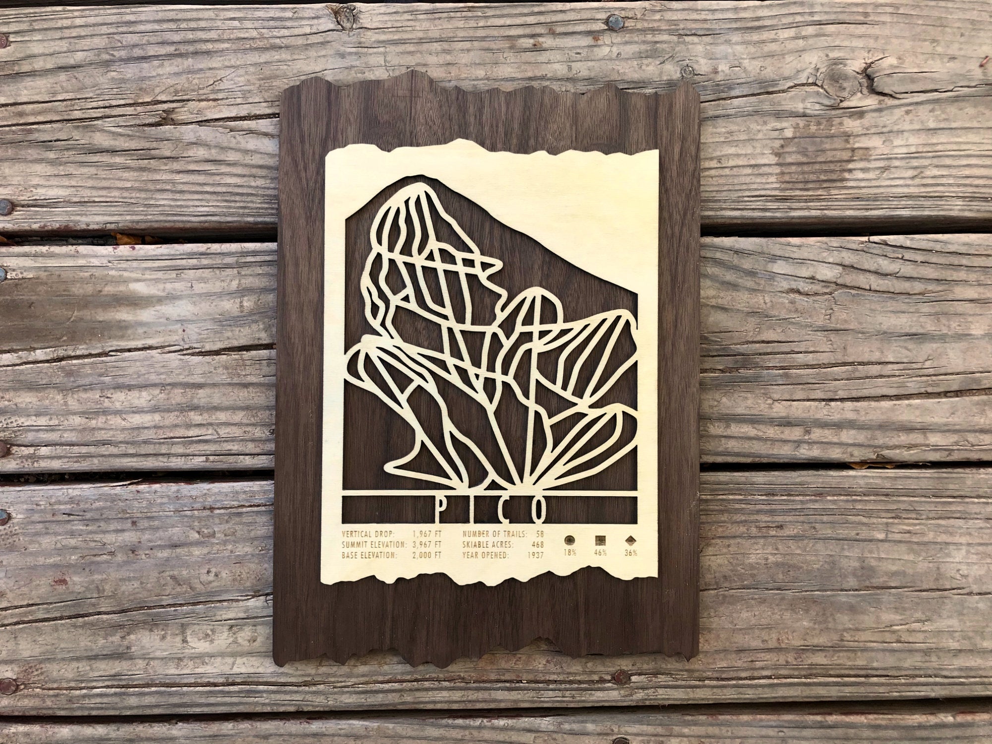 Full view of Pico Ski Trail Map - Wood Ski Decor - Mountaincut on rustic wood, perfect for Vermont ski lodge or mountain-themed decor.