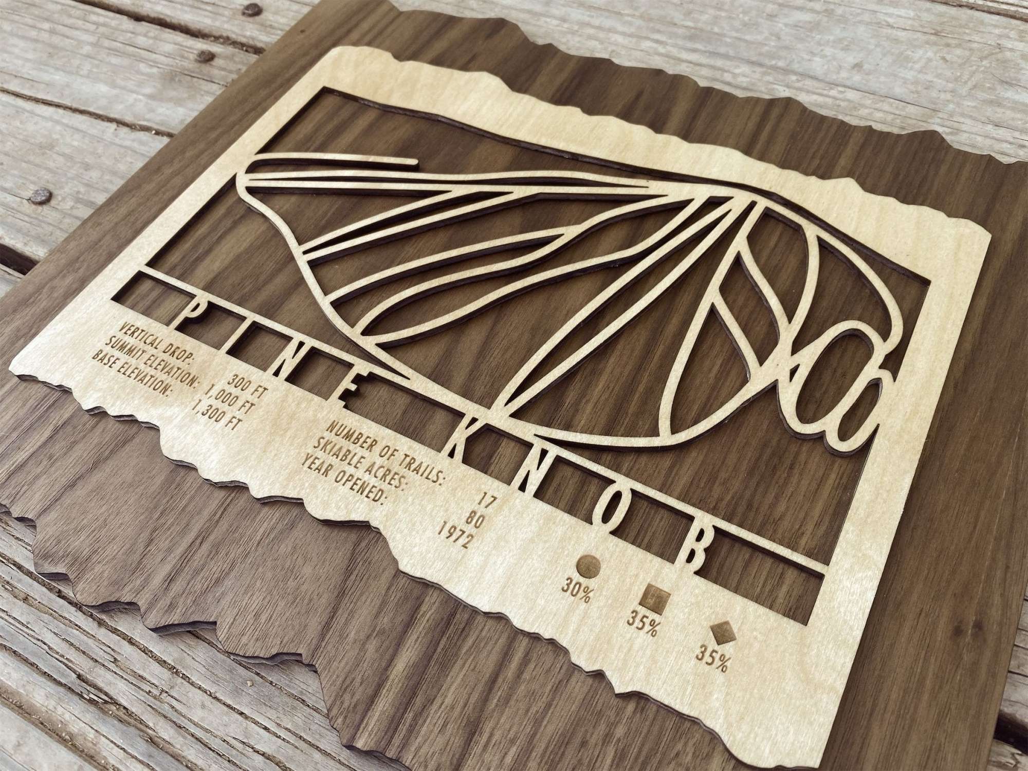 Angled view of Pine Knob Ski Trail Map - Wood Ski Decor - Mountaincut showing detailed trail lines and engraved ski stats on natural wood. Perfect gift for Michigan skiers.