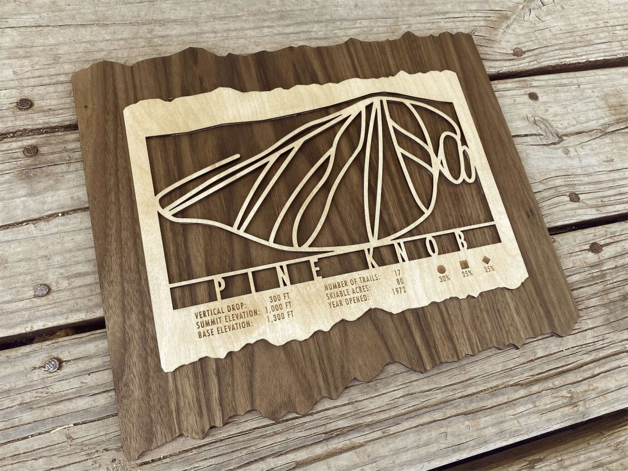 Rustic Pine Knob Ski Trail Map - Wood Ski Decor - Mountaincut displayed on wood surface, showcasing engraved ski trail layout and stats. Great decor for ski cabins.
