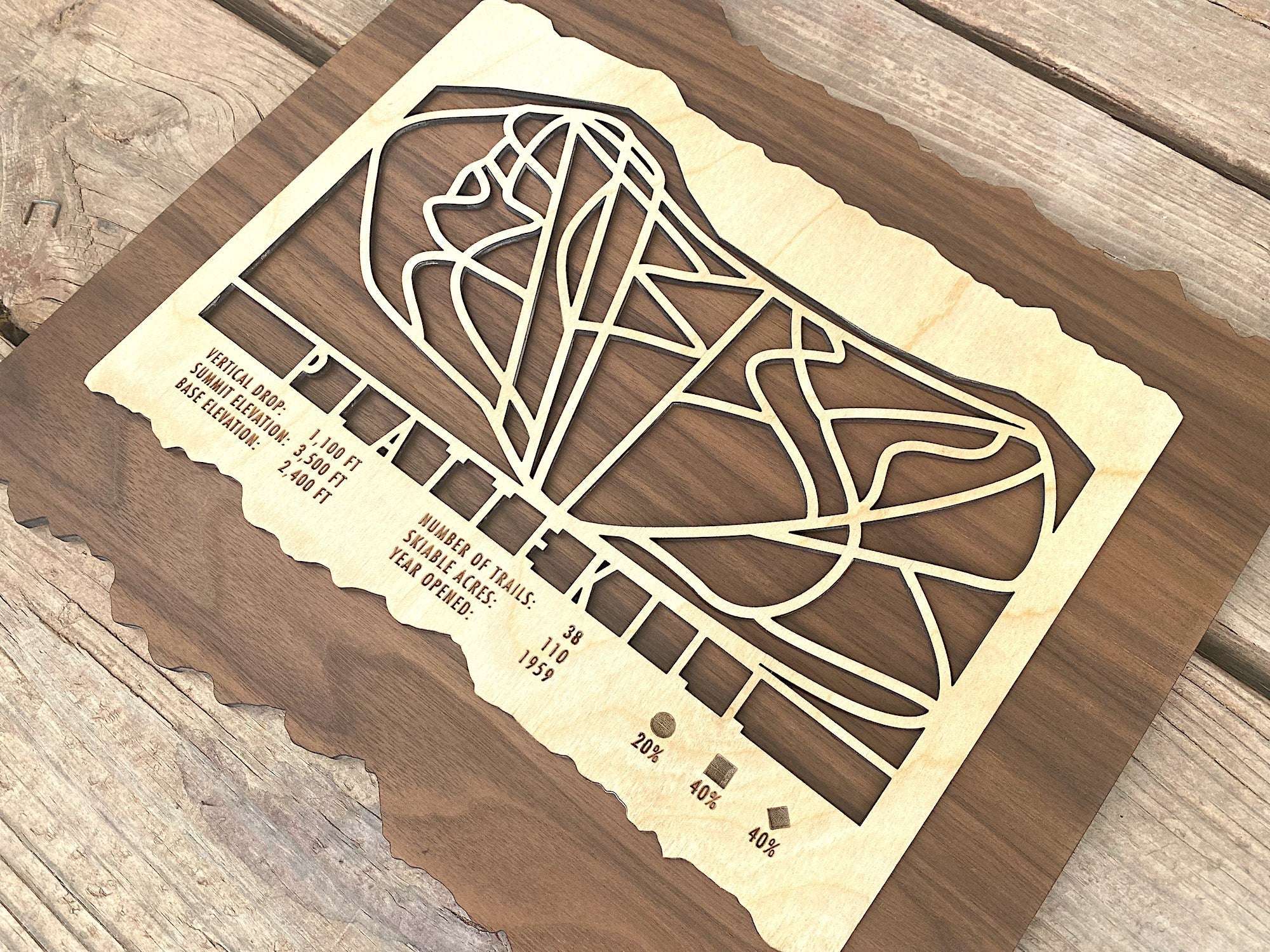 Angled view of Plattekill Mountain Ski Trail Map - Wood Ski Decor - Mountaincut with precision-cut trails and rustic wood finish for wall display.