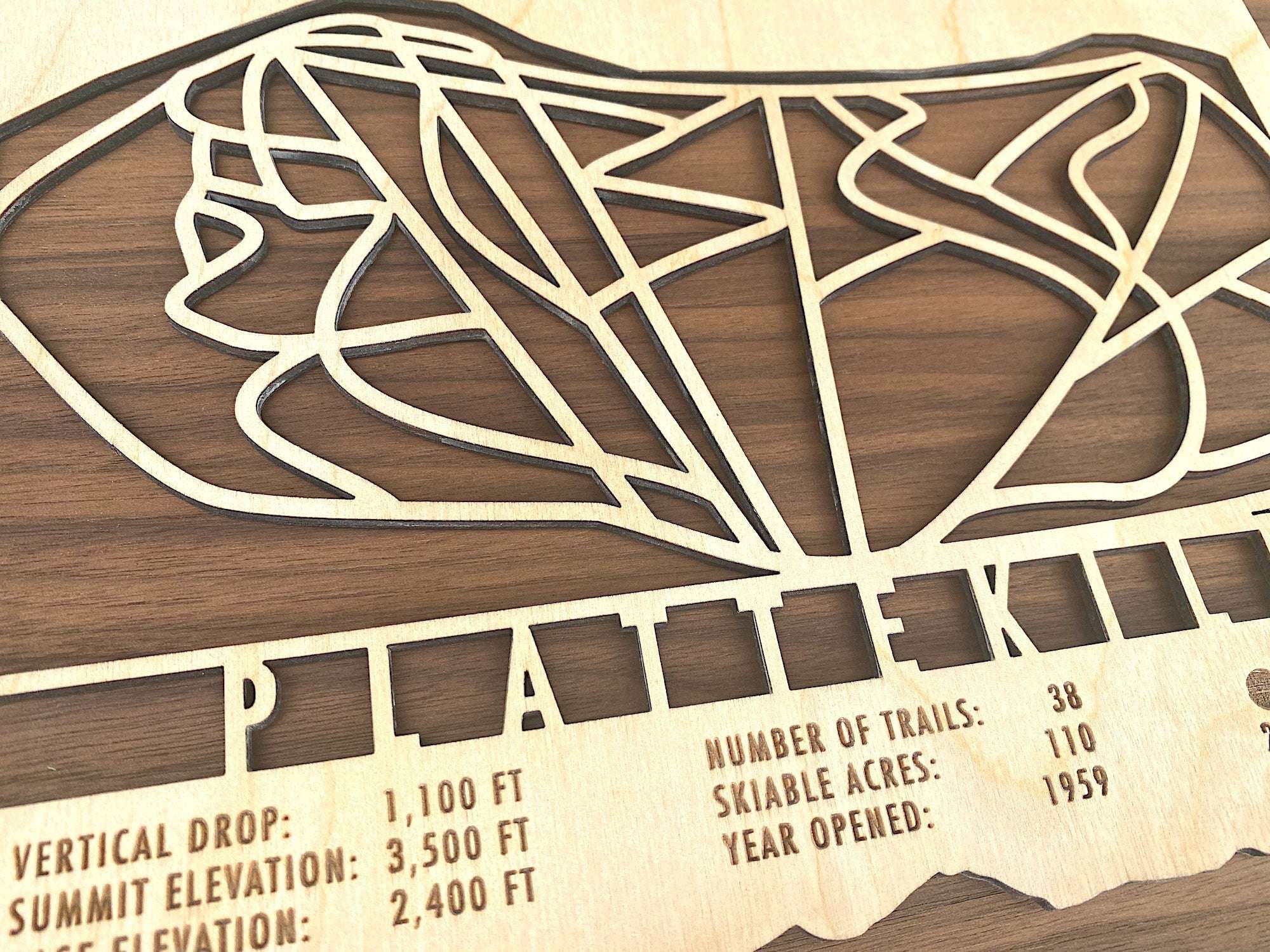 Close-up of Plattekill Mountain wood ski trail map showing detailed trail carvings and engraved resort information for ski-themed home decor.
