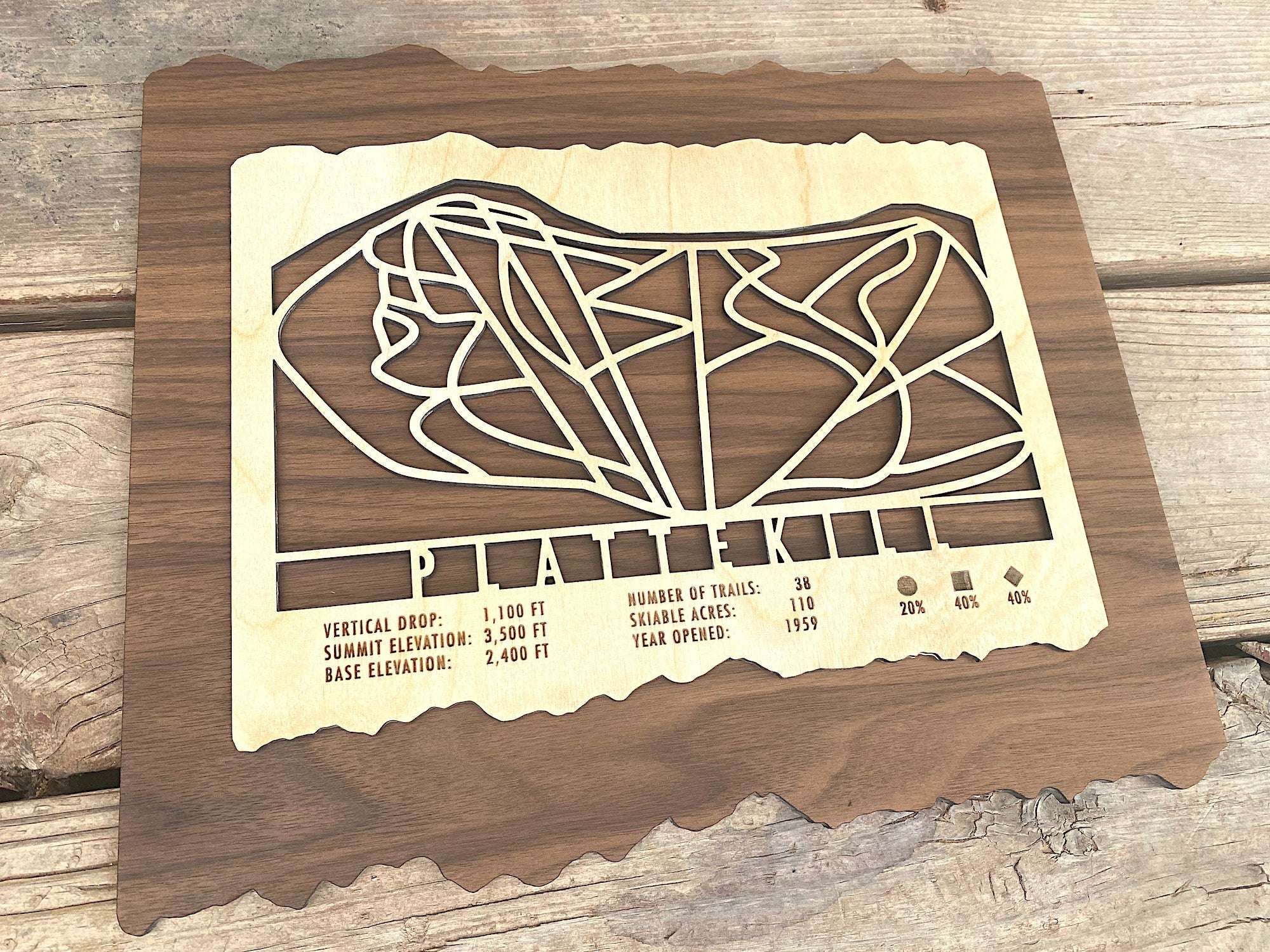 Wooden Plattekill Mountain ski trail map decor with engraved trail lines and resort stats, perfect rustic artwork for skiers and snowboarders.