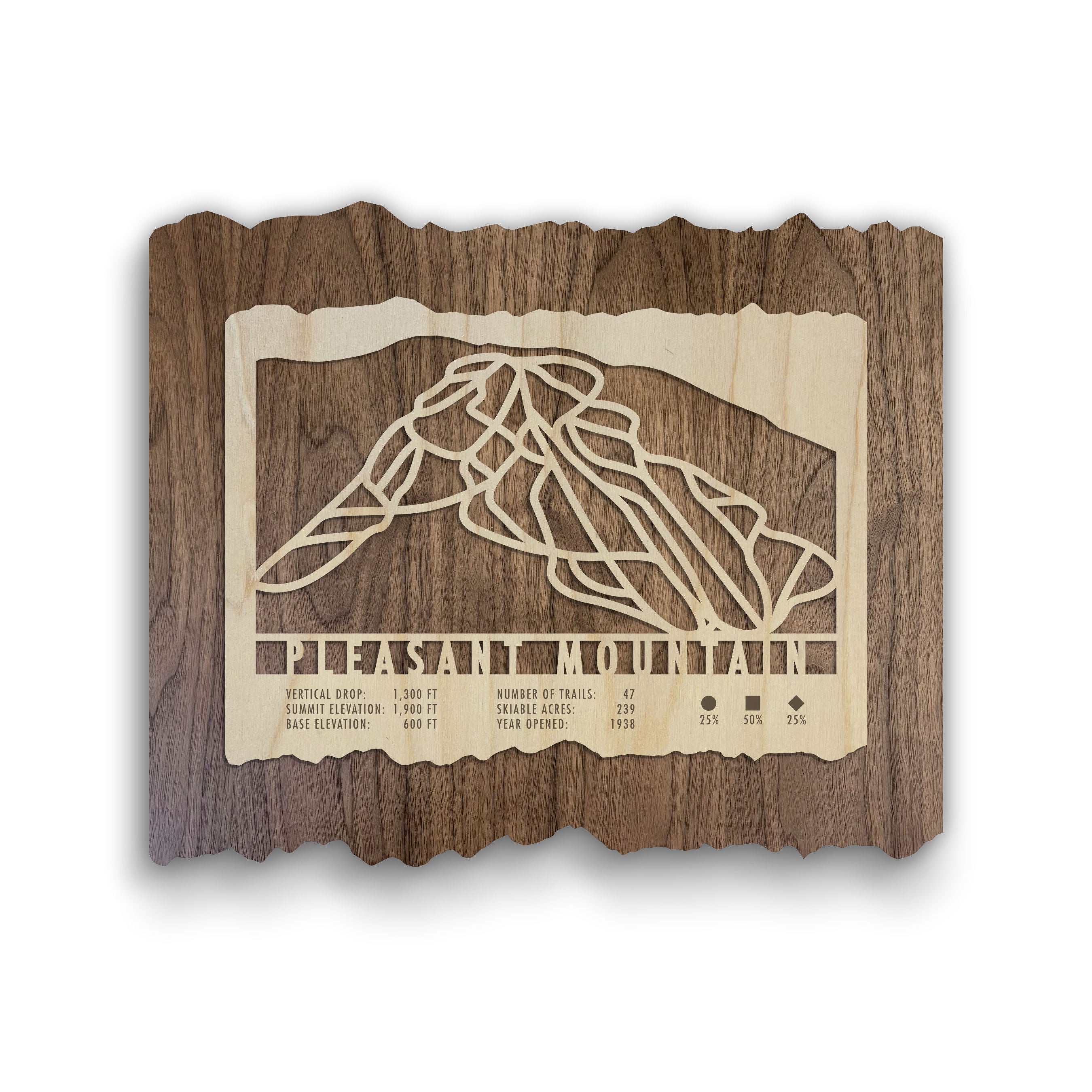 Pleasant Mountain Ski Trail Map - Wood Wall Decor - MountainCut featuring laser-cut ski trails on natural wood, perfect for rustic home or ski lodge decor.