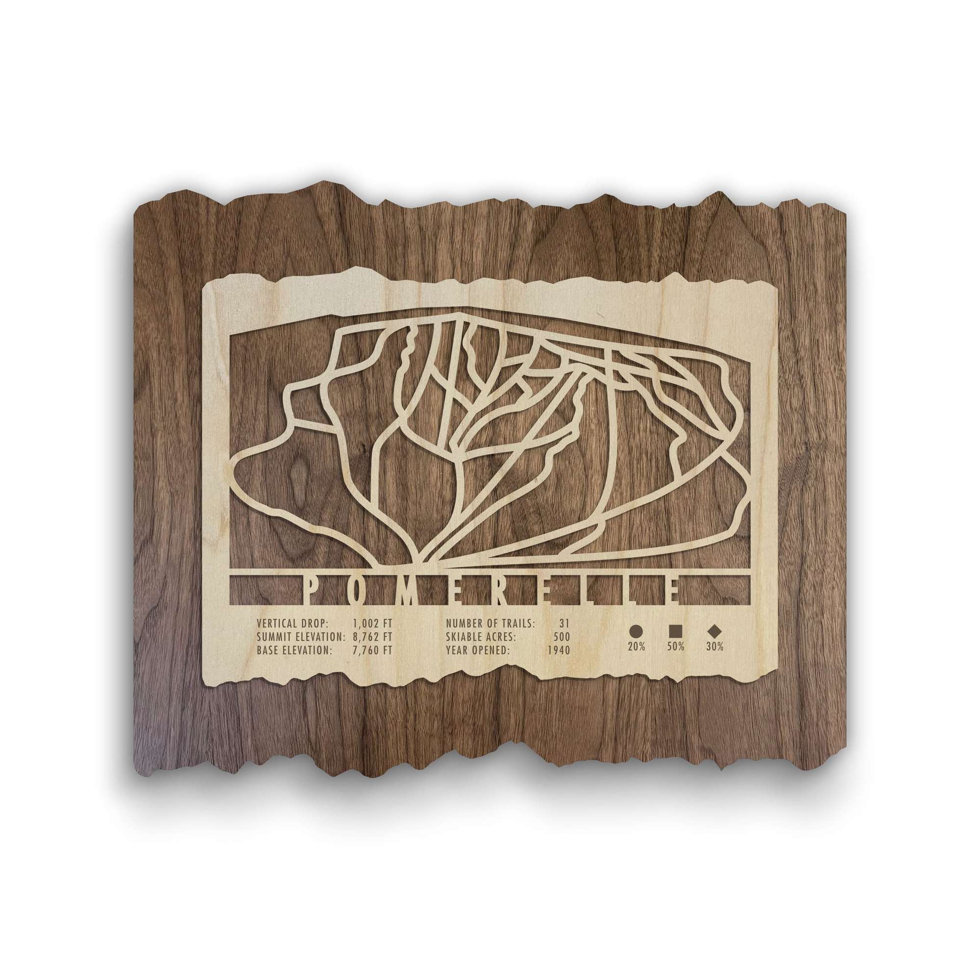 Pomerelle Ski Trail Map - Wood Ski Decor - Mountaincut wall art featuring engraved ski trails and resort stats on rustic wood for ski lodge decor.