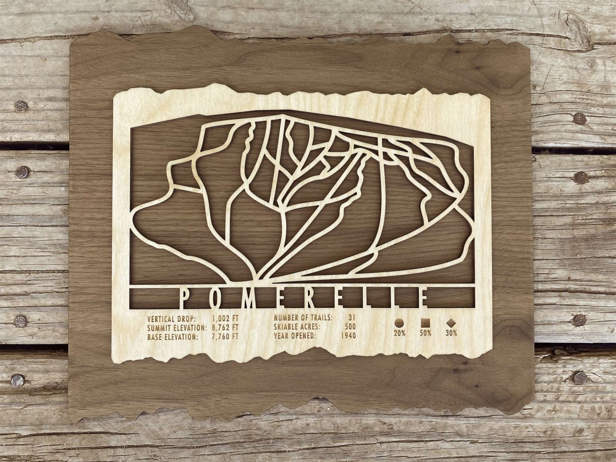 Rustic wood Pomerelle Ski Trail Map by Mountaincut featuring carved ski runs and resort data, unique decor for ski cabins and mountain homes.