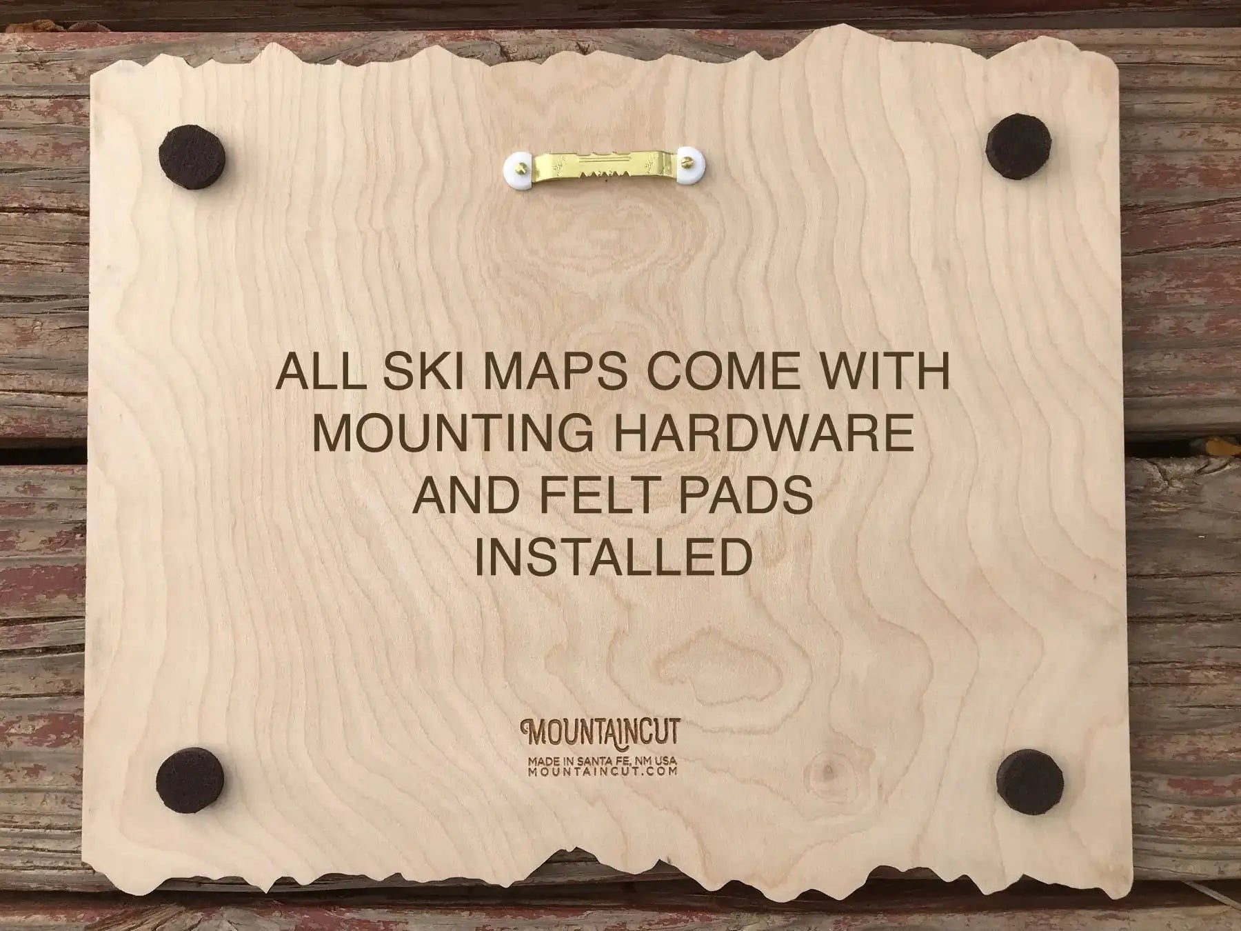 Back of Pomerelle Ski Trail Map - Wood Ski Decor - Mountaincut showing mounting hardware and felt pads for easy wall installation.