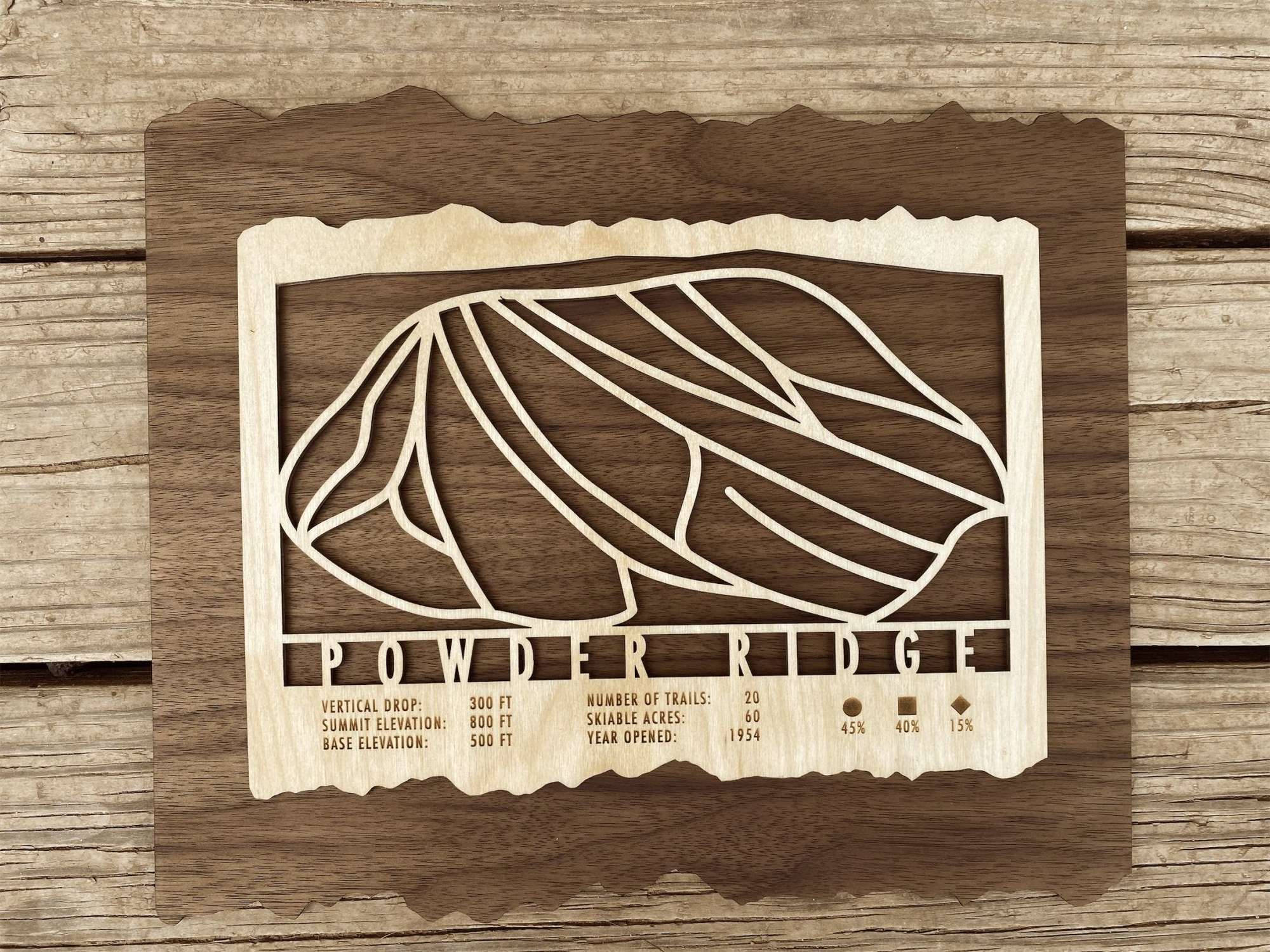 Rustic wood ski decor of Powder Ridge Minnesota trail map with engraved ski runs and resort stats, perfect for ski lovers.