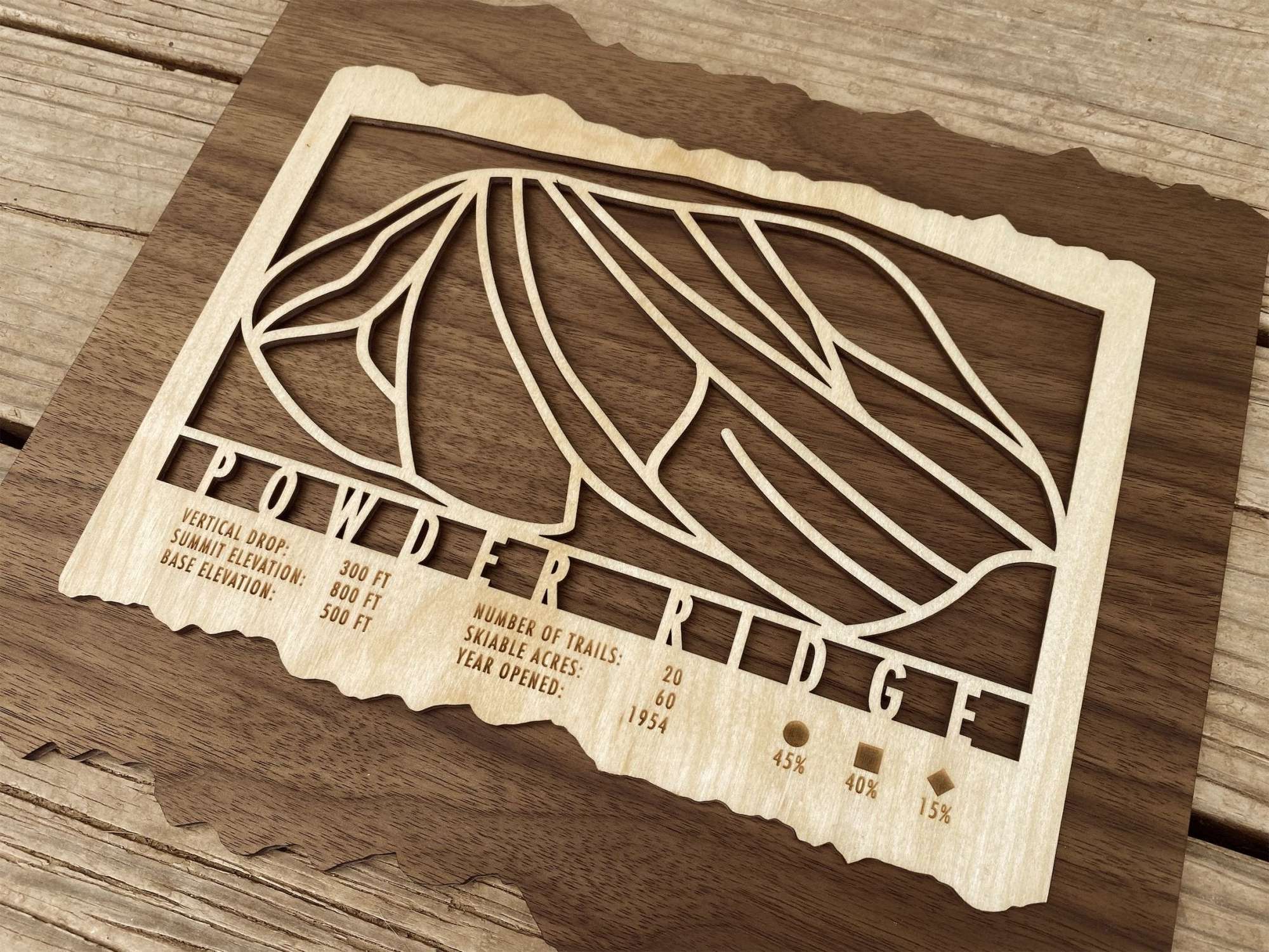 Detailed wooden ski trail map of Powder Ridge Minnesota with engraved trails and resort data, ideal for home or cabin decor.