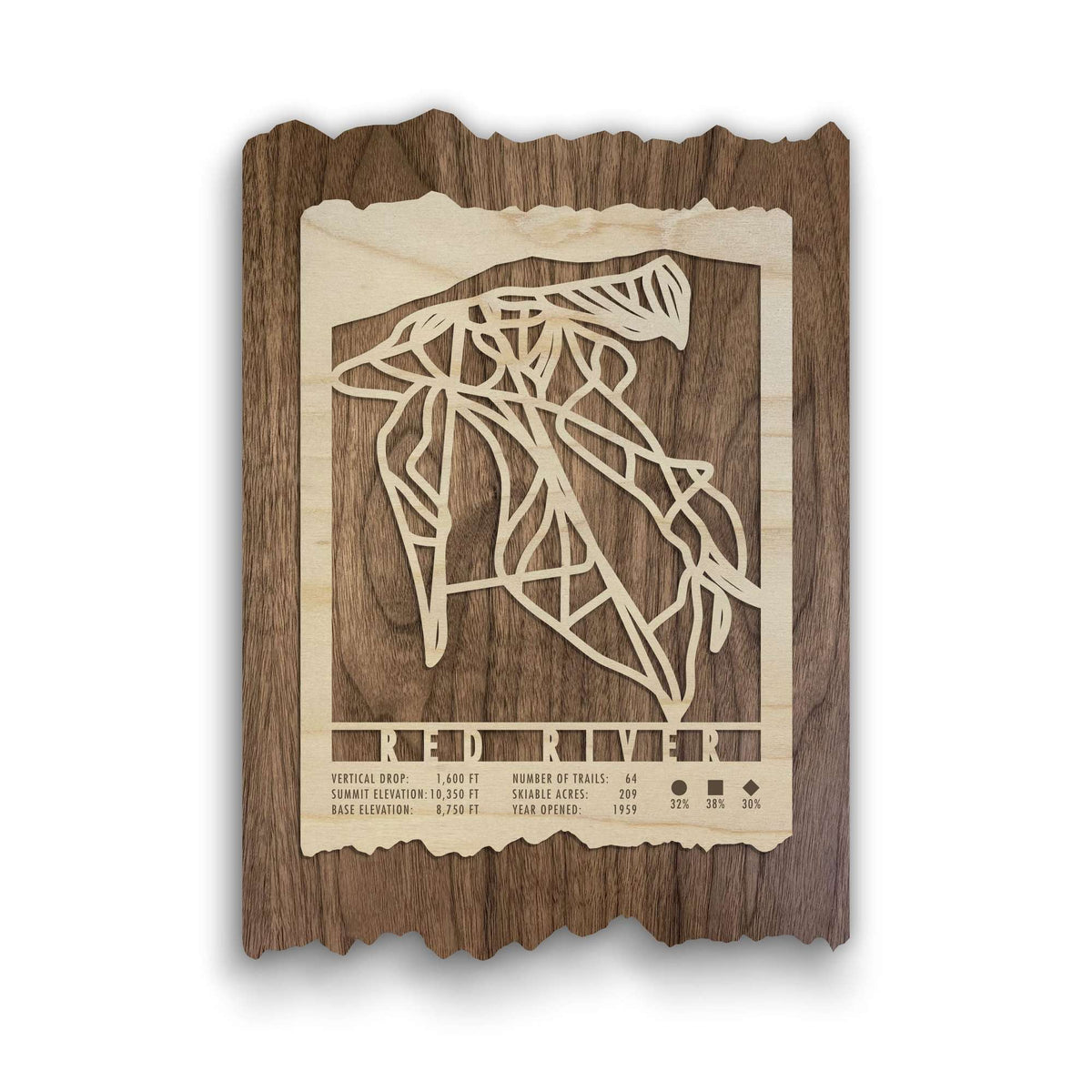 Red River Ski Trail Map - Wood Wall Decor by Mountaincut featuring laser-cut ski runs on natural wood, ideal for rustic home or lodge decor.