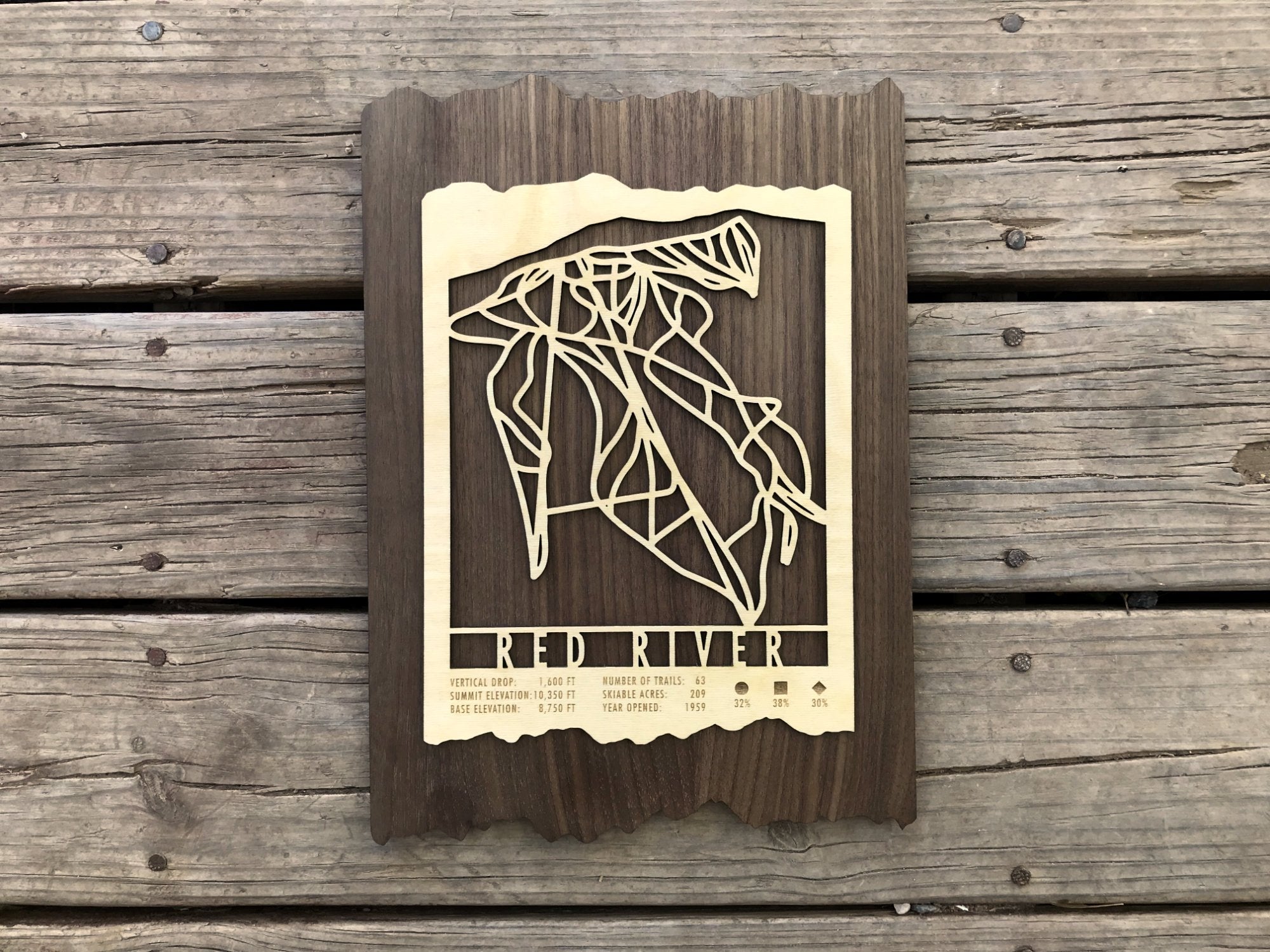 Full top-down view of Red River Ski Trail Map - Wood Wall Decor with rustic edges and ski trail design, ideal for mountain home wall art.