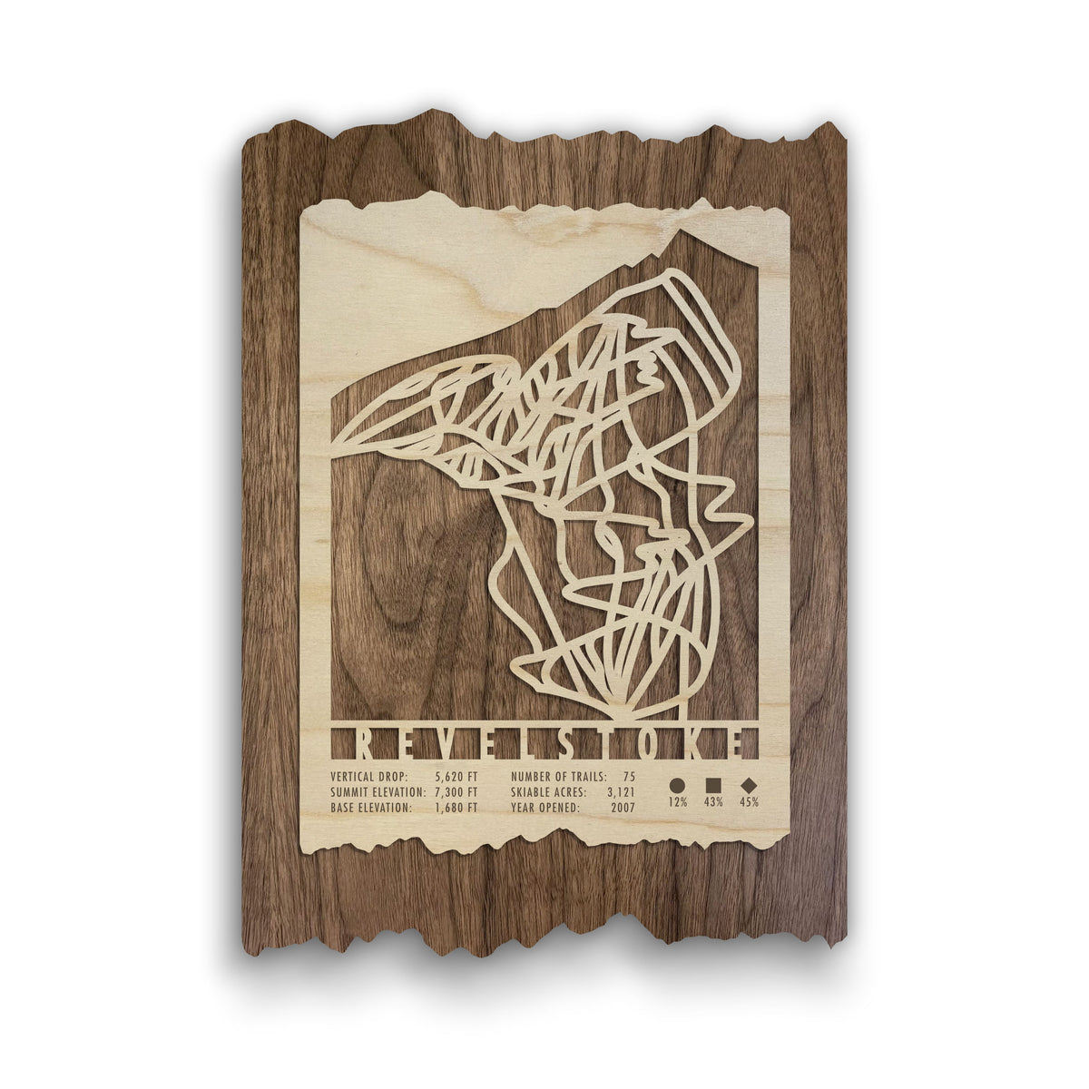 Revelstoke Ski Trail Map - Wood Wall Decor by Mountaincut featuring laser-cut ski trails on dark wood with engraved resort stats. Ideal for ski lodge decor.