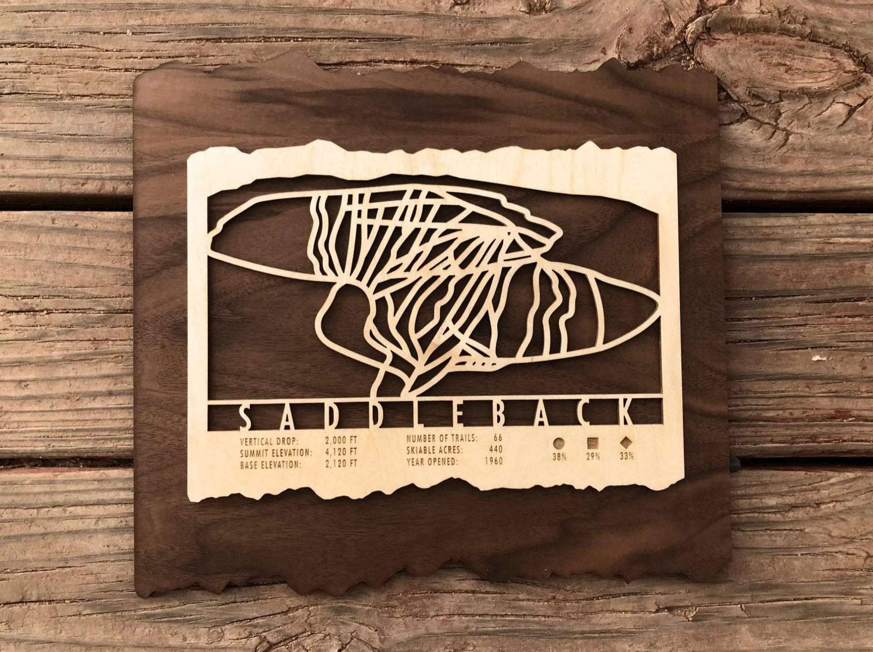 Saddleback Ski Trail Map wood wall decor displayed on rustic wood background, a custom ski art piece for home or lodge.