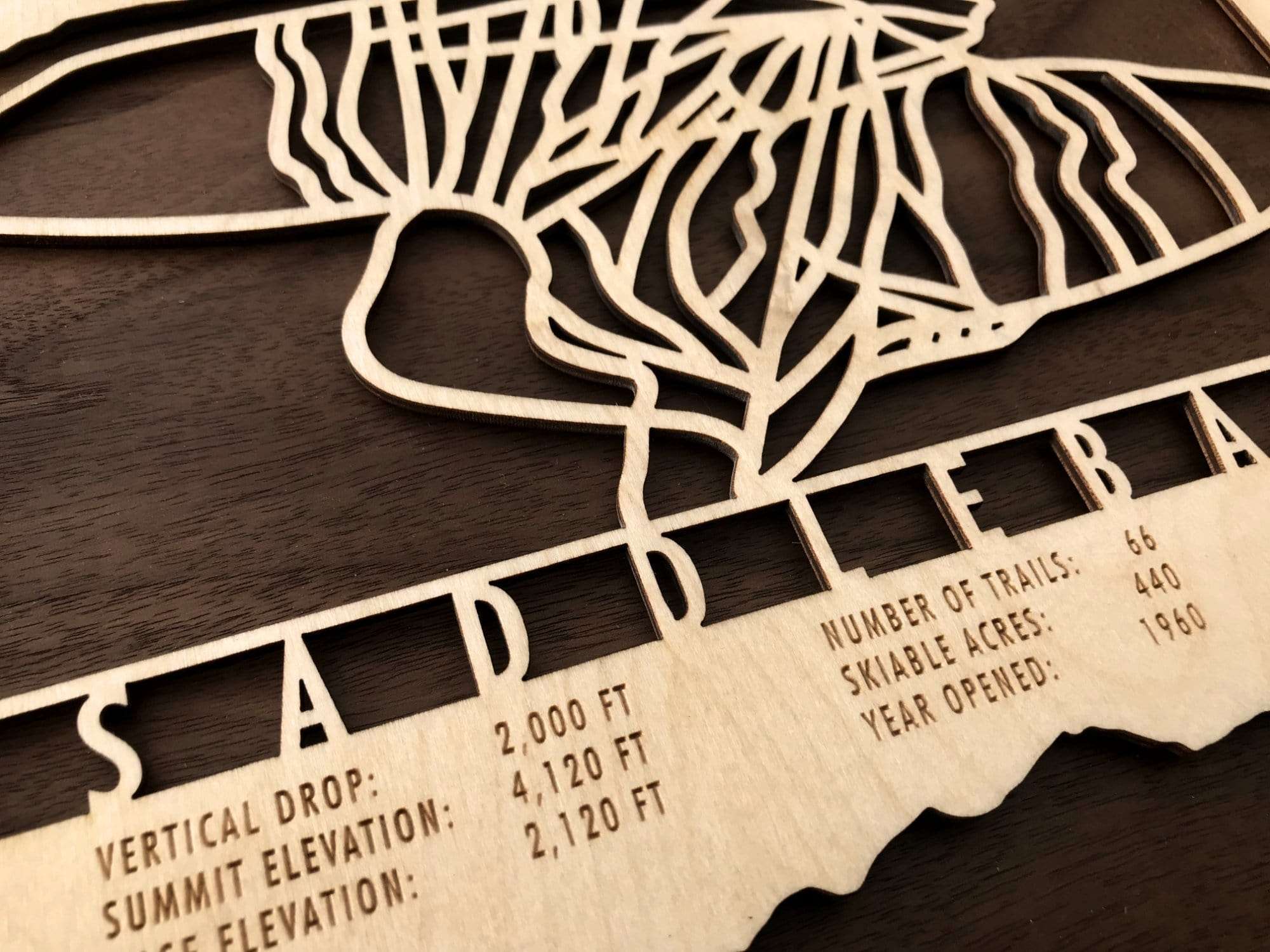 Detailed view of Saddleback Ski Trail Map laser-cut wood art with elevation and trail data, ideal for ski lovers' wall display.