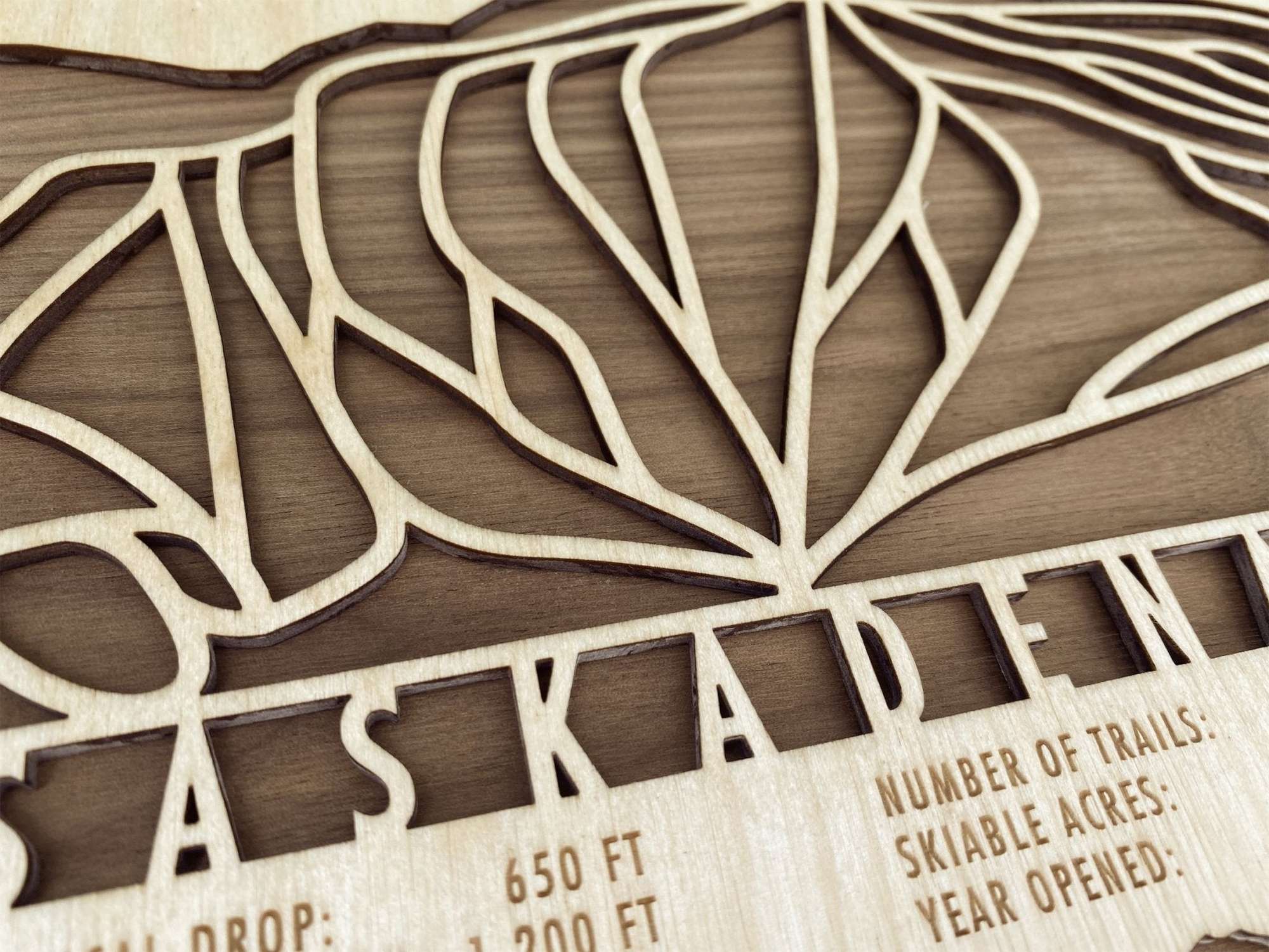 Detailed close-up of Saskadena Six Ski Trail Map - Gift for Skiers - Mountaincut showing precision-cut wood trails and engraved resort data.