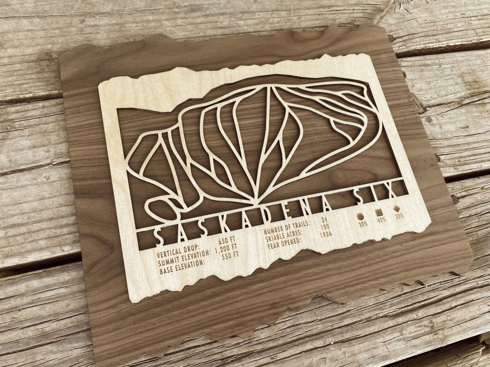 Angled view of Saskadena Six Ski Trail Map - Gift for Skiers - Mountaincut wooden artwork with trail lines and resort information, ski lodge decor.