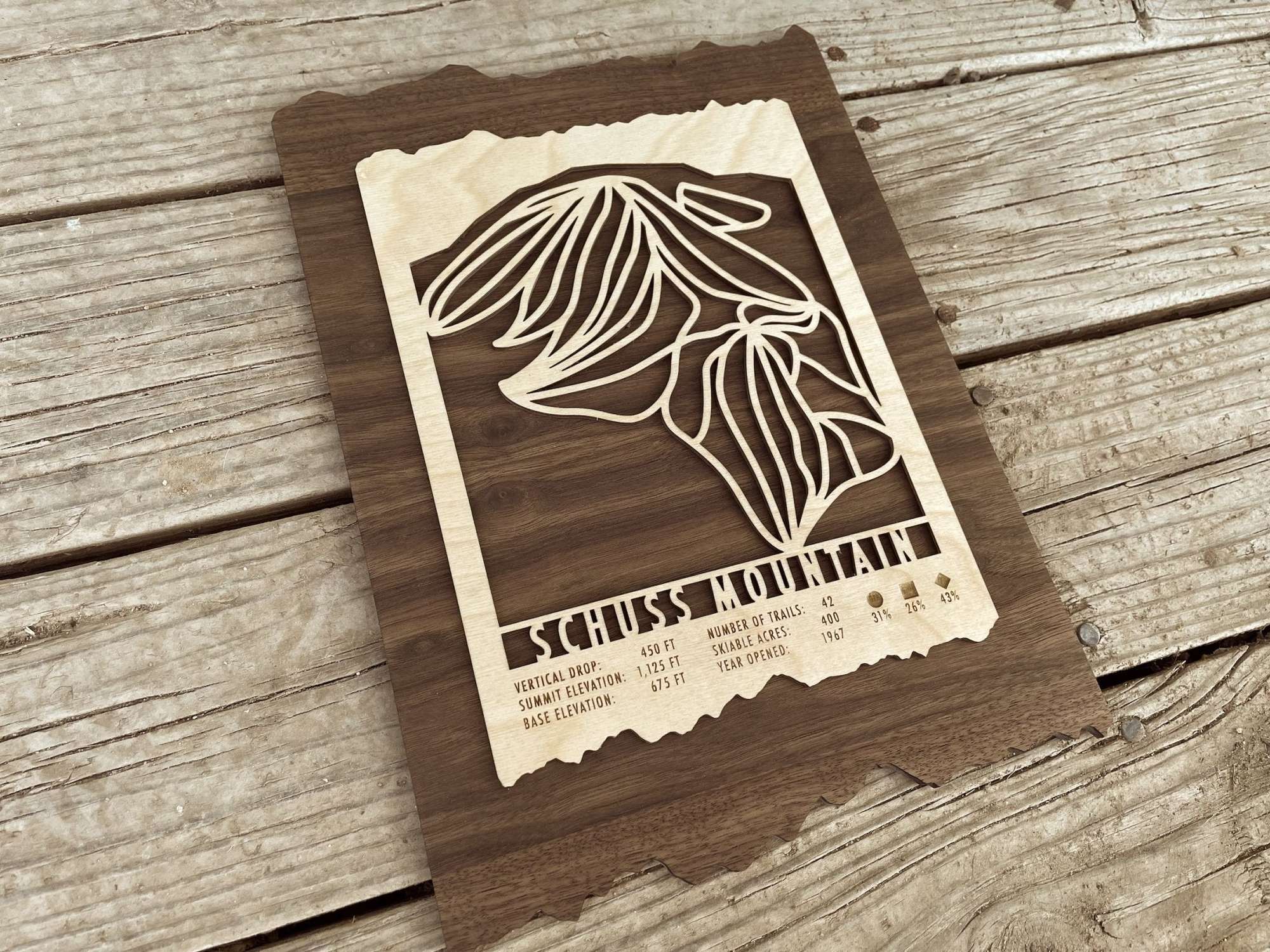 Wooden Schuss Mountain Michigan ski trail map decor by Mountaincut, displayed on rustic wood background, perfect for home or cabin.