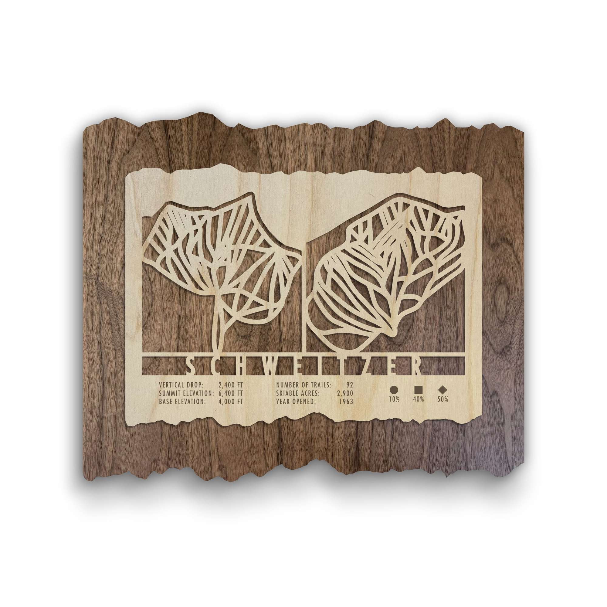 Schweitzer Ski Trail Map - Wood Wall Decor by Mountaincut featuring laser-cut mountain trails on natural wood, ideal for ski-themed home decor.