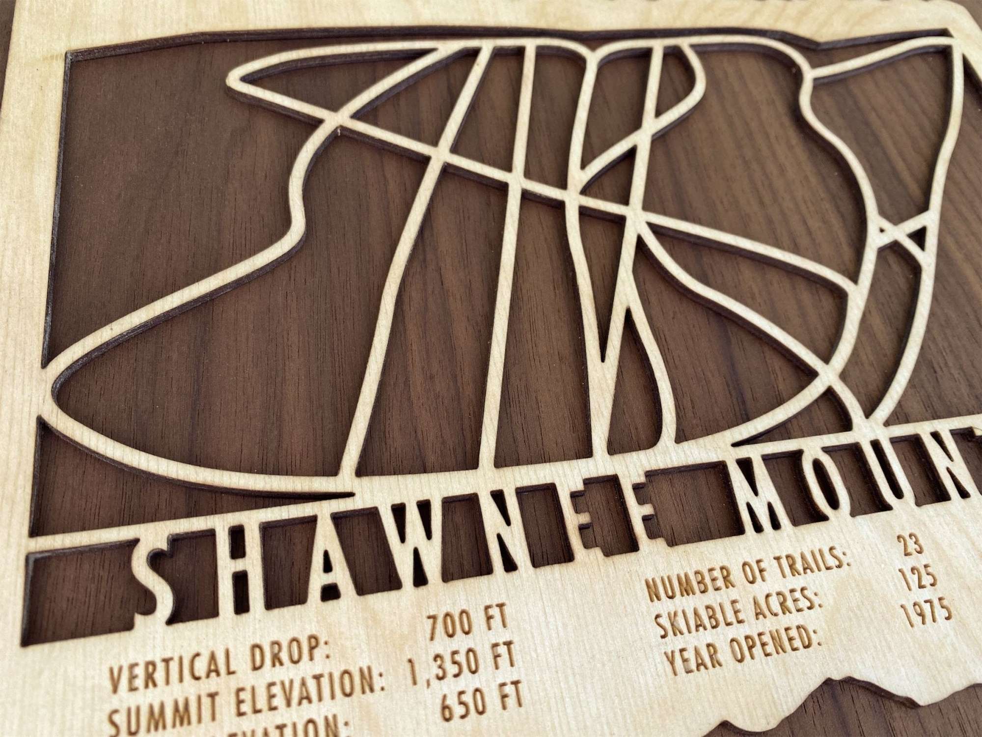 Detailed close-up of Shawnee Mountain Ski Trail Map - Wood Wall Decor showing engraved vertical drop, elevation, and trail stats for ski enthusiasts.