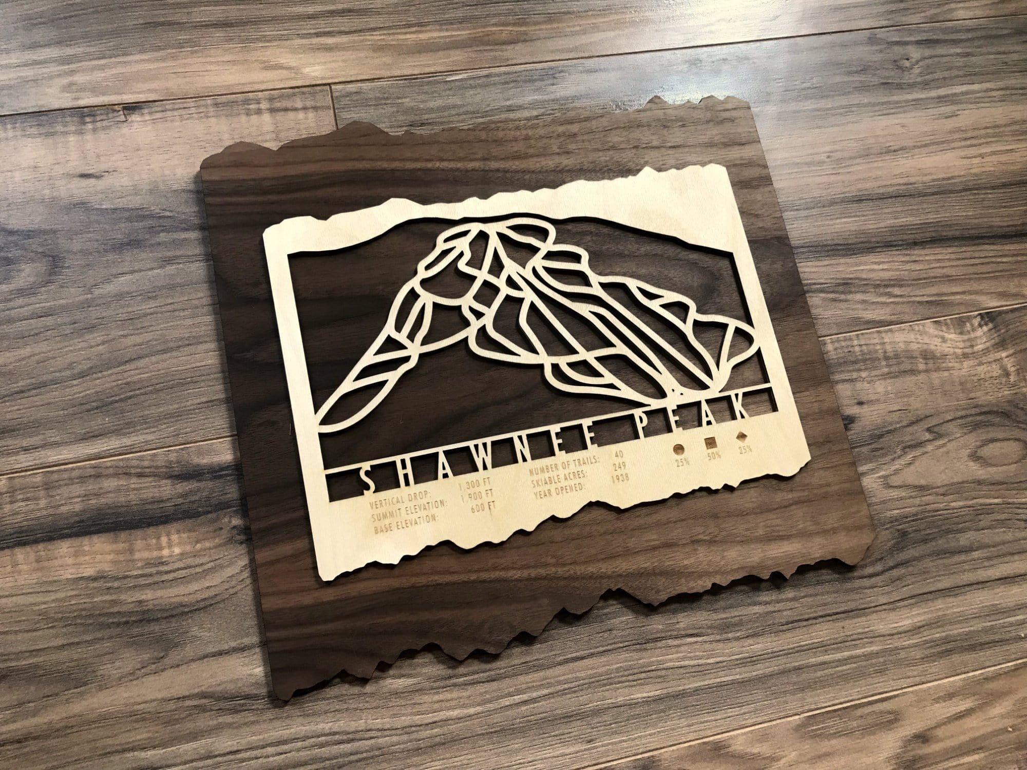 Shawnee Peak Ski Trail Map - Wood Wall Art placed on hardwood floor, showcasing detailed trail lines and engraved resort information for ski lovers.