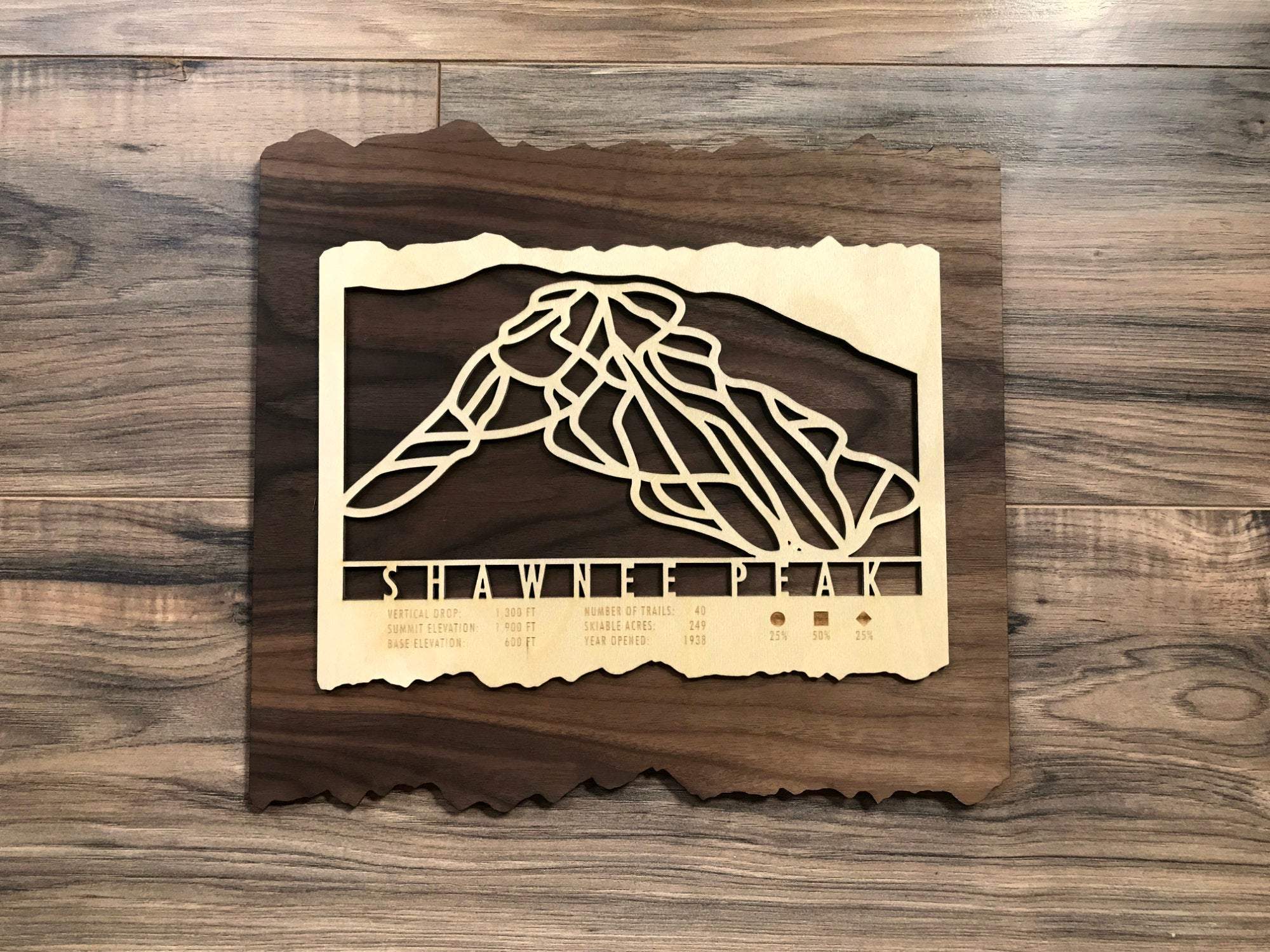 Shawnee Peak Ski Trail Map - Wood Wall Decor displayed on wood floor, featuring laser-cut mountain trails and resort data for stylish ski home accents.
