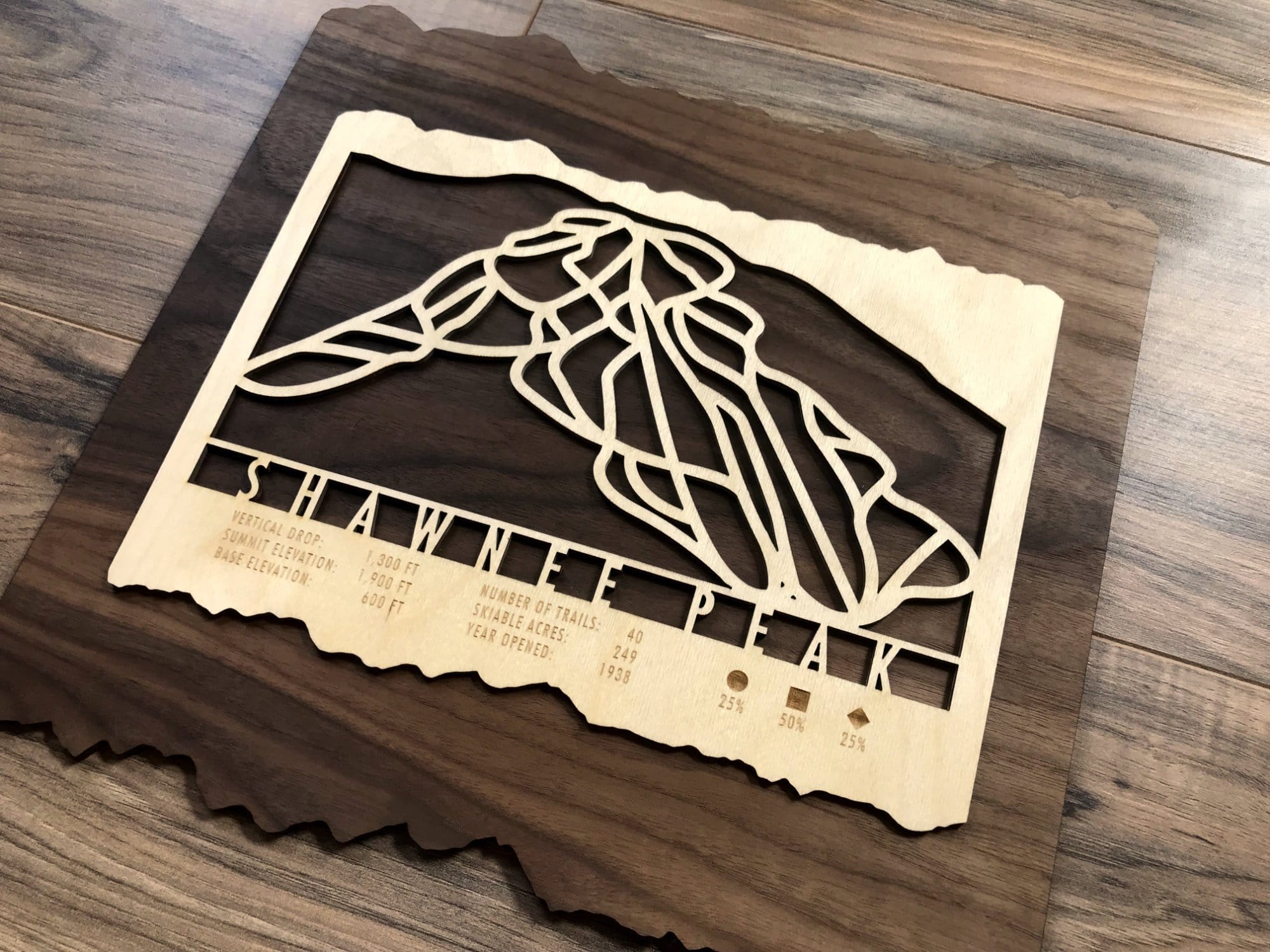 Close-up angled view of Shawnee Peak Ski Trail Map - Wood Wall Decor highlighting intricate trail design and engraved mountain stats for rustic ski decor.