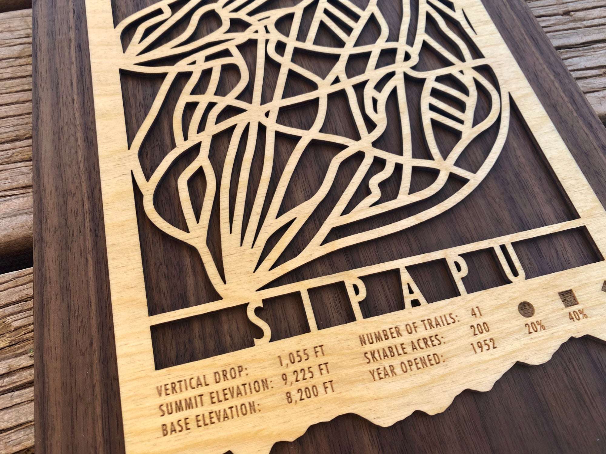 Close-up of Sipapu Ski Trail Map wood wall decor showing engraved trail stats and precision-cut ski routes, a unique gift for skiers.