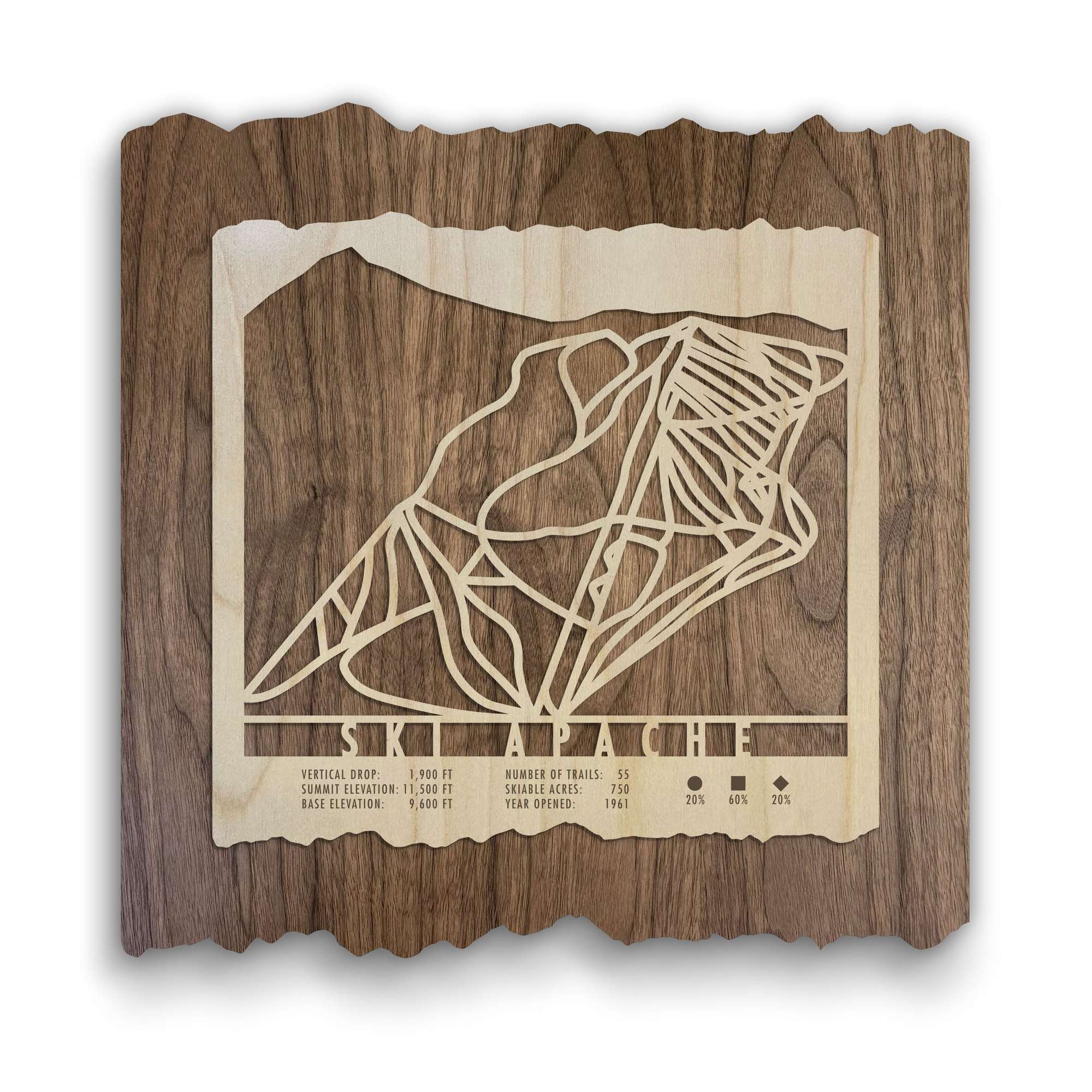 Ski Apache Ski Trail Map - Wood Wall Decor by Mountaincut featuring laser-cut ski trails on natural wood, ideal for rustic home or lodge decor.