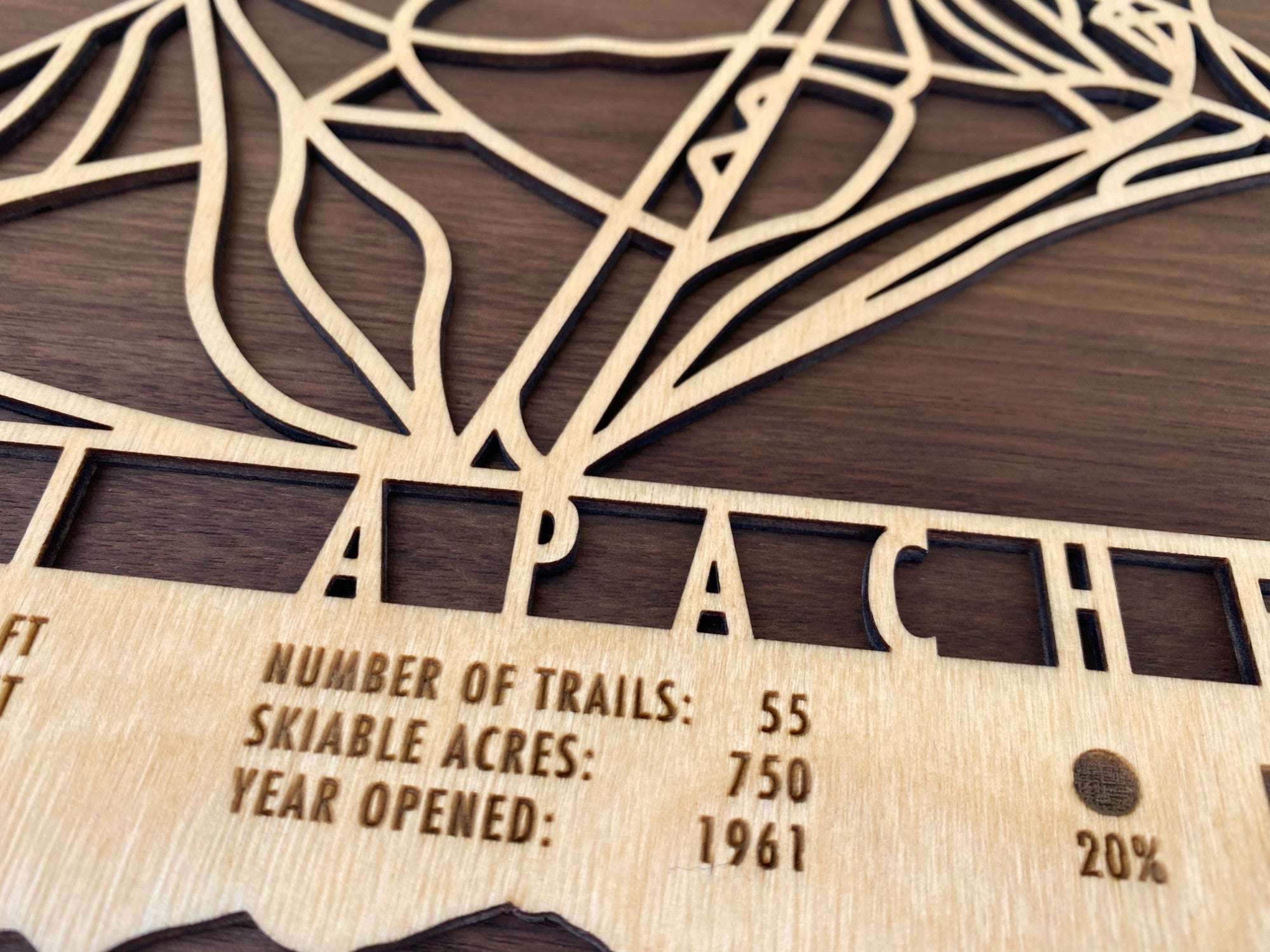 Close-up of Ski Apache wood wall decor showing engraved trail count, skiable acres, for the New Mexico ski resort.