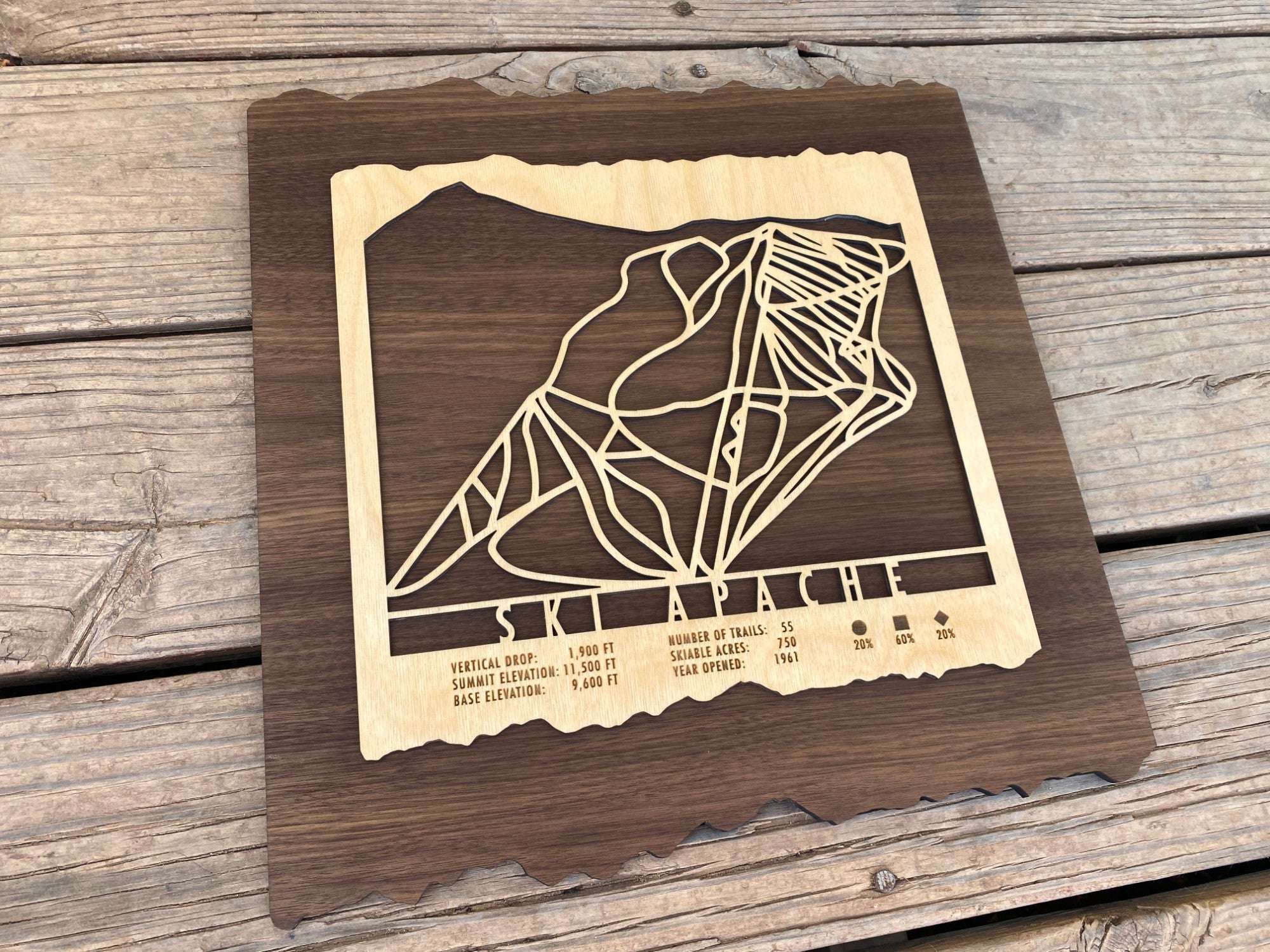 Wooden Ski Apache trail map decor on rustic wood background, showcasing detailed ski runs and resort stats for New Mexico ski lovers.