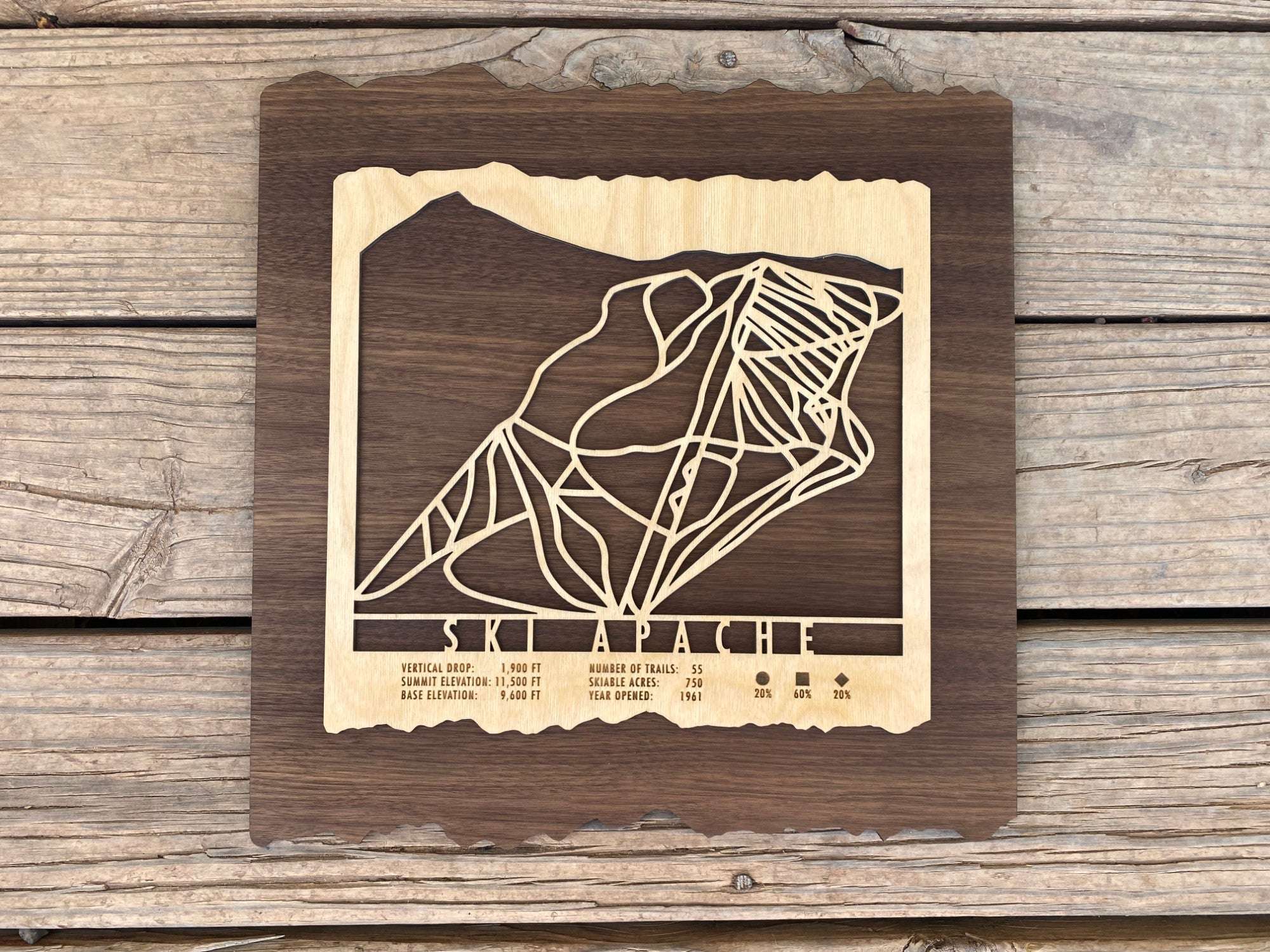 Full view of Ski Apache Ski Trail Map - Wood Wall Decor by Mountaincut, featuring precision-cut ski trails and resort data.