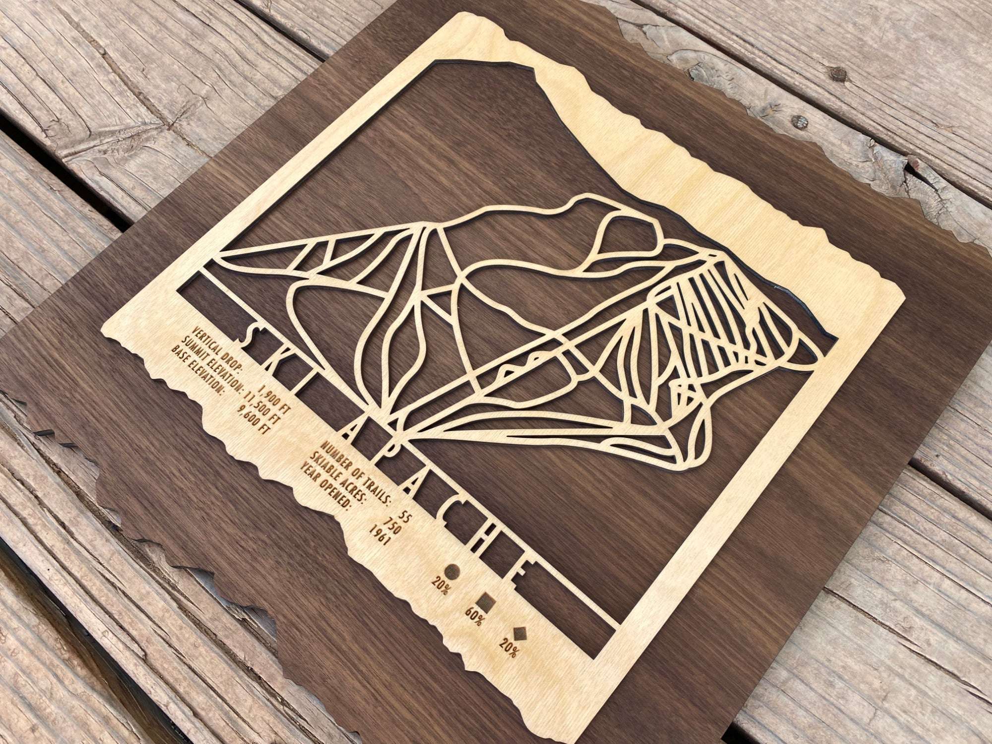 Ski Apache wood ski map artwork with engraved trail lines and elevation details, perfect for ski-themed home or cabin wall decoration.