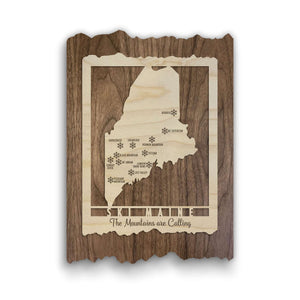 Ski Maine Map - Wood Ski Decor - Mountaincut wall art featuring engraved Maine ski areas with 'The Mountains are Calling' text, ideal for lodge decor.