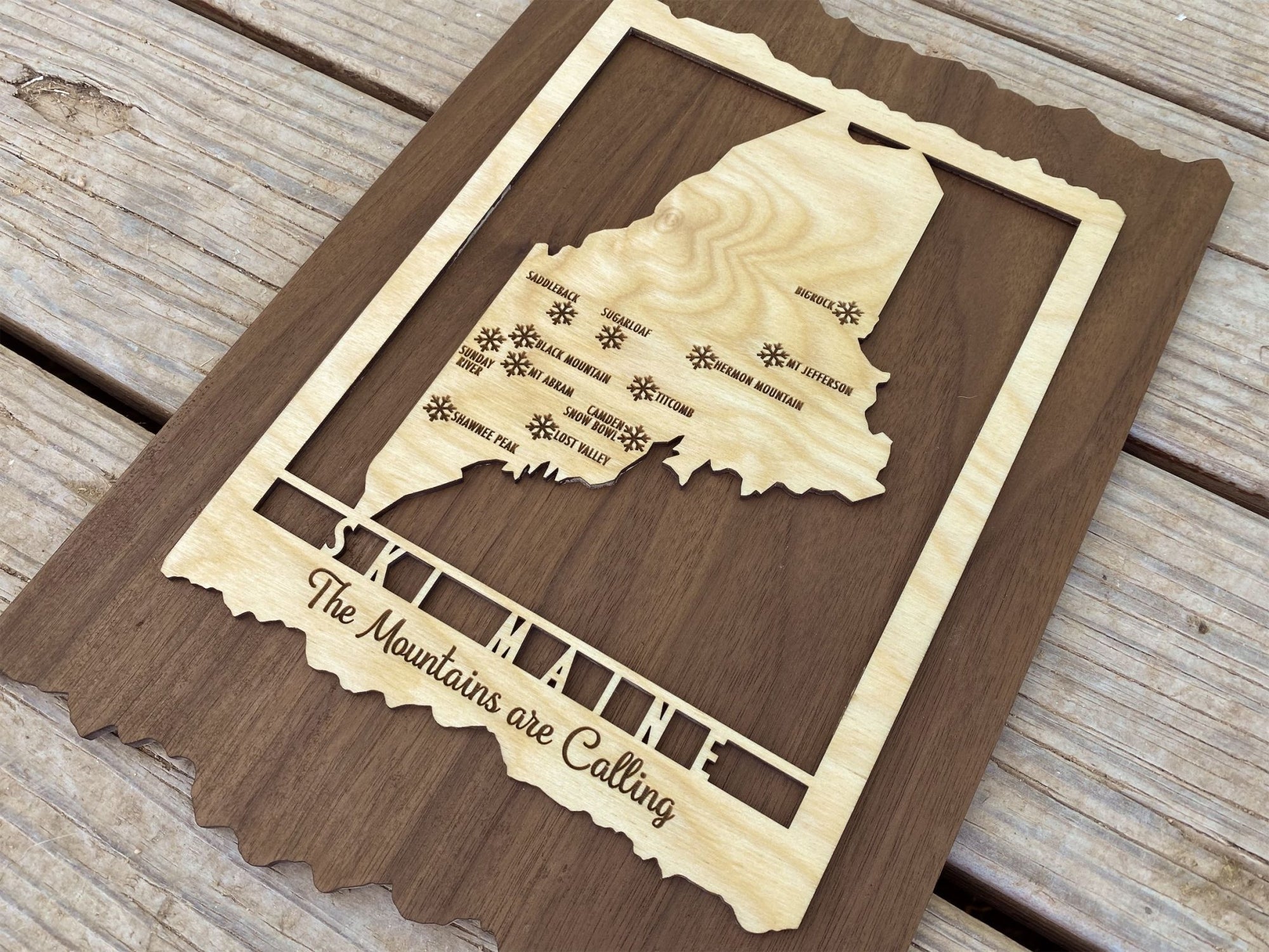 Ski Maine - Wood Map of Maine Ski Areas with Custom Engraving - Maine - Mountaincut