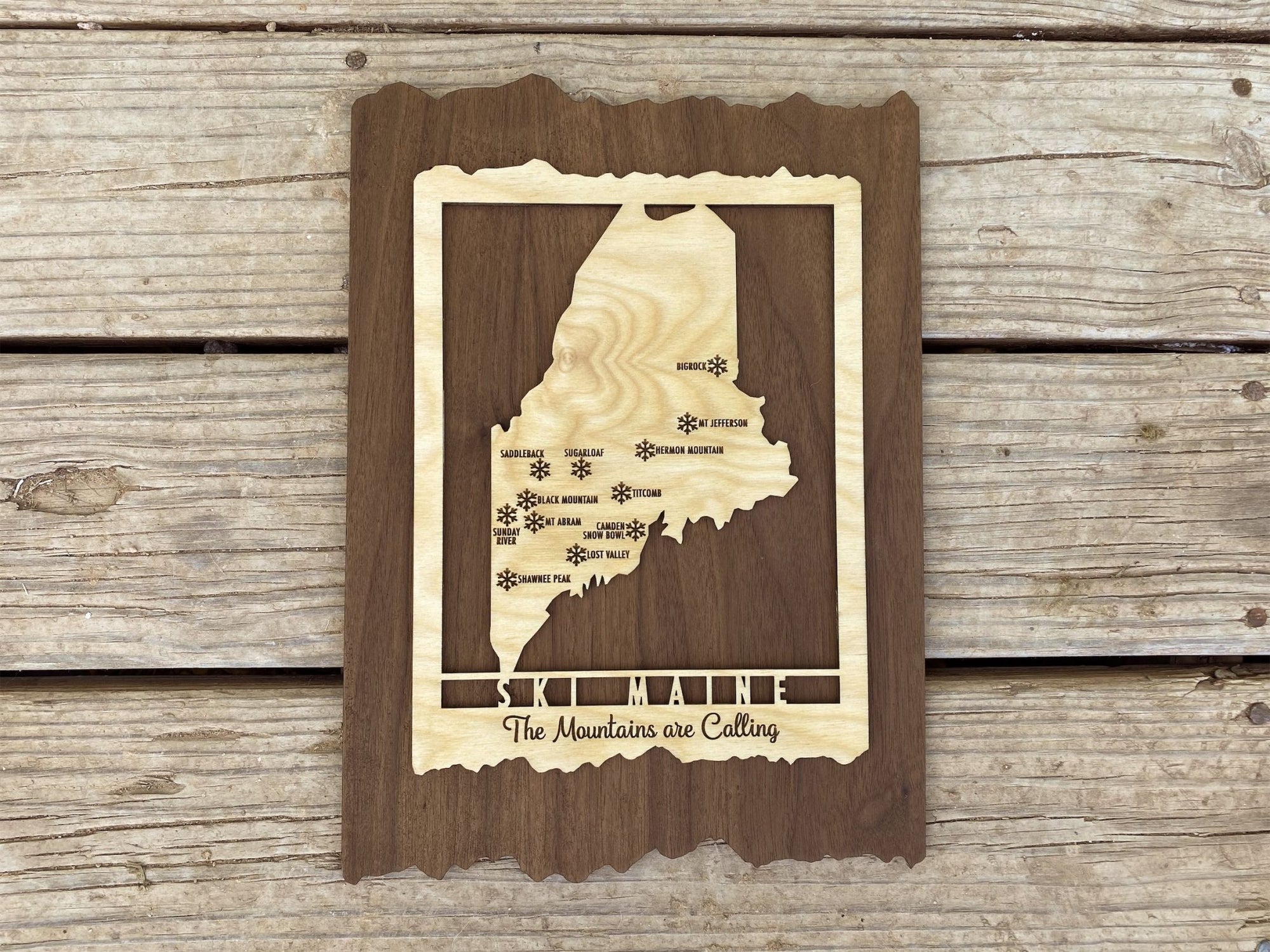 Ski Maine - Wood Map of Maine Ski Areas with Custom Engraving - Maine - Mountaincut