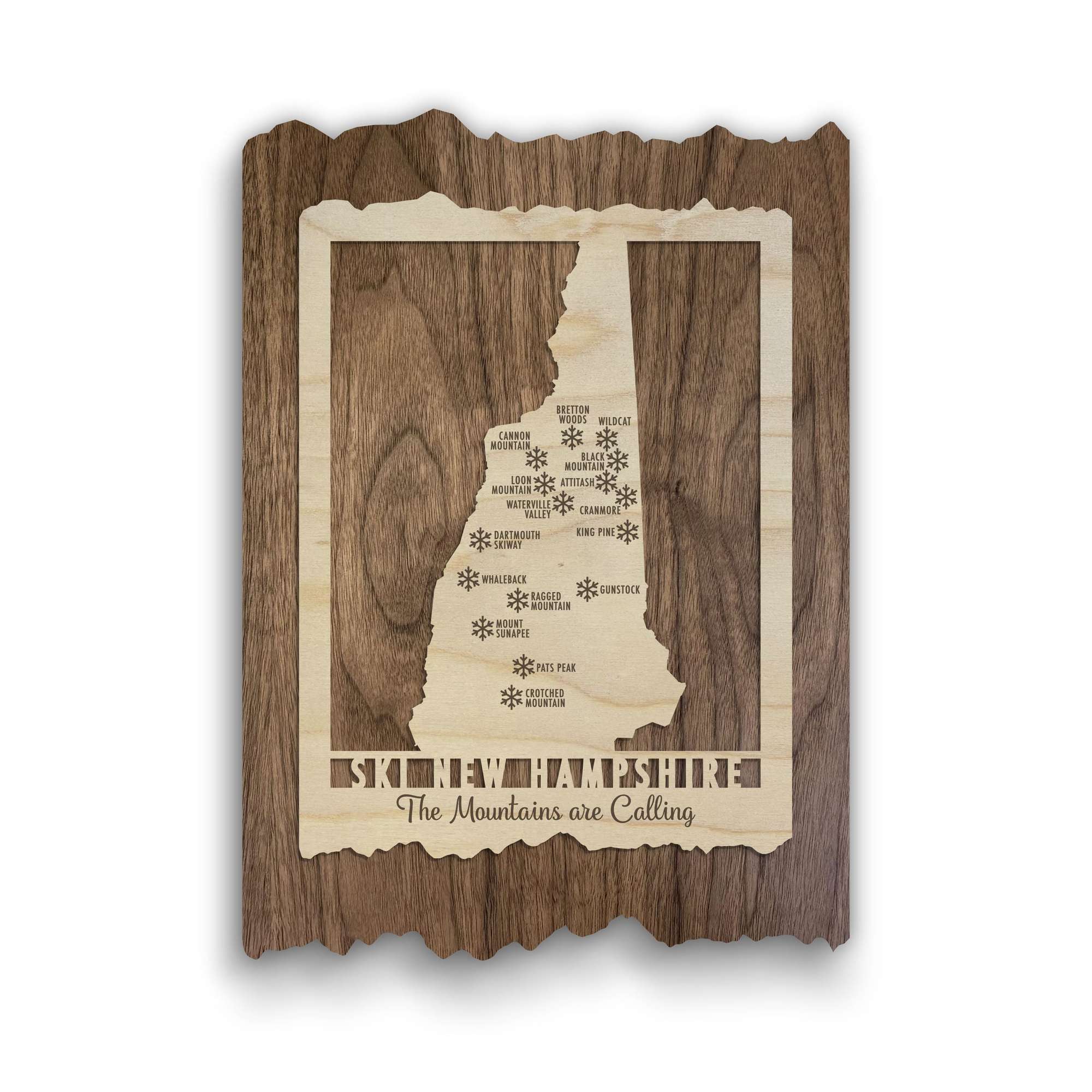 Ski New Hampshire Map - Wood Ski Decor - Mountaincut featuring engraved ski resorts on a rustic wood plaque with 'The Mountains are Calling' text.