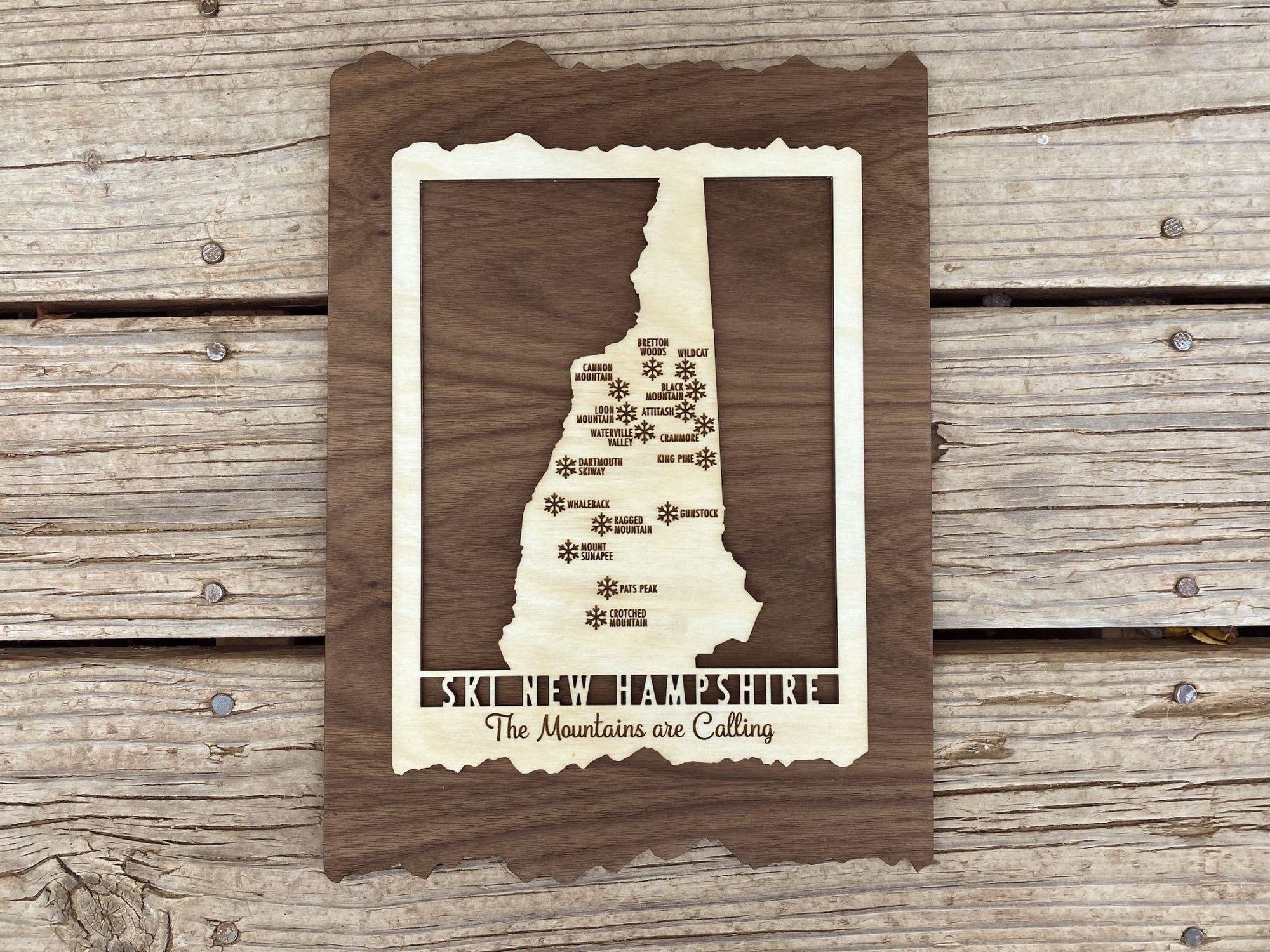 Ski New Hampshire - Wood Map of New Hampshire Ski Areas with Custom Engraving - New Hampshire - Mountaincut