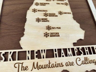 Ski New Hampshire - Wood Map of New Hampshire Ski Areas with Custom Engraving - New Hampshire - Mountaincut