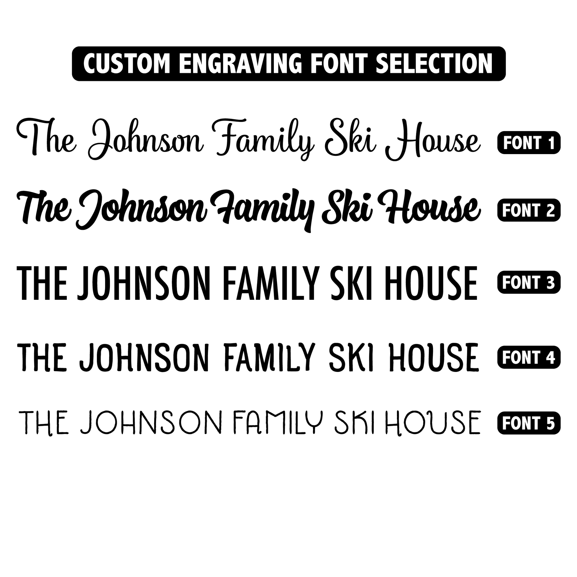 Custom engraving font options for Ski New Hampshire Map - Wood Ski Decor - Mountaincut, showcasing five personalized text styles for unique wall art.