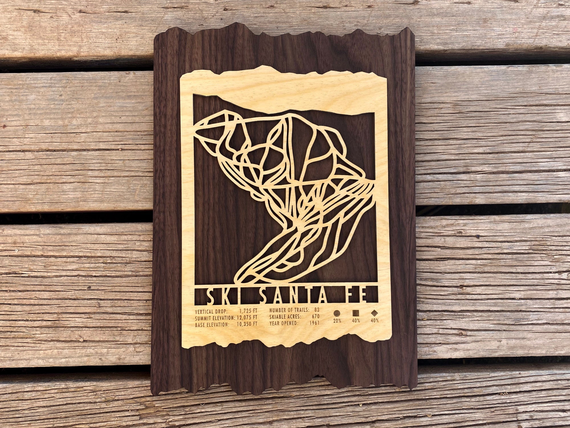 Top-down view of Ski Santa Fe Trail Map - Wood Wall Decor with natural wood textures and engraved ski resort details, great for ski-themed interiors.