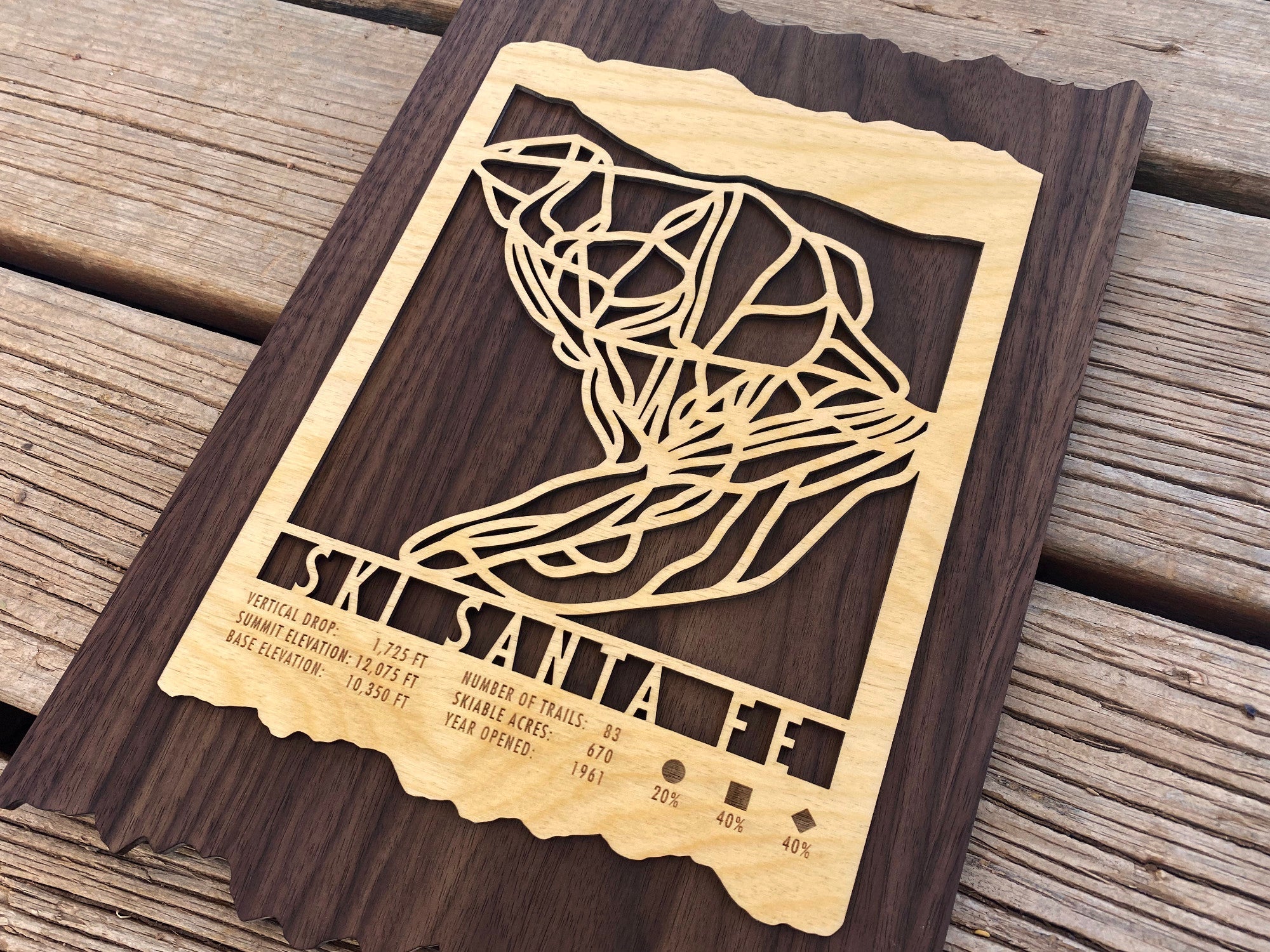Close-up of Ski Santa Fe Trail Map - Wood Wall Decor highlighting precision-cut ski trails and engraved elevation and trail data, perfect ski gift.