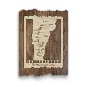 Ski Vermont Ski Resort Map - Wood Ski Decor - Mountaincut featuring engraved Vermont ski areas on rustic wood with custom text option.