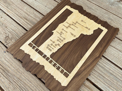 Ski Vermont - Wood Map of Vermont Ski Areas with Custom Engraving - Vermont - Mountaincut