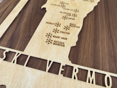 Ski Vermont - Wood Map of Vermont Ski Areas with Custom Engraving - Vermont - Mountaincut