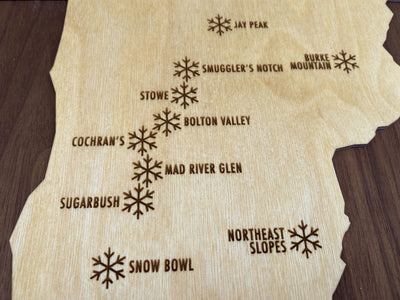 Ski Vermont - Wood Map of Vermont Ski Areas with Custom Engraving - Vermont - Mountaincut