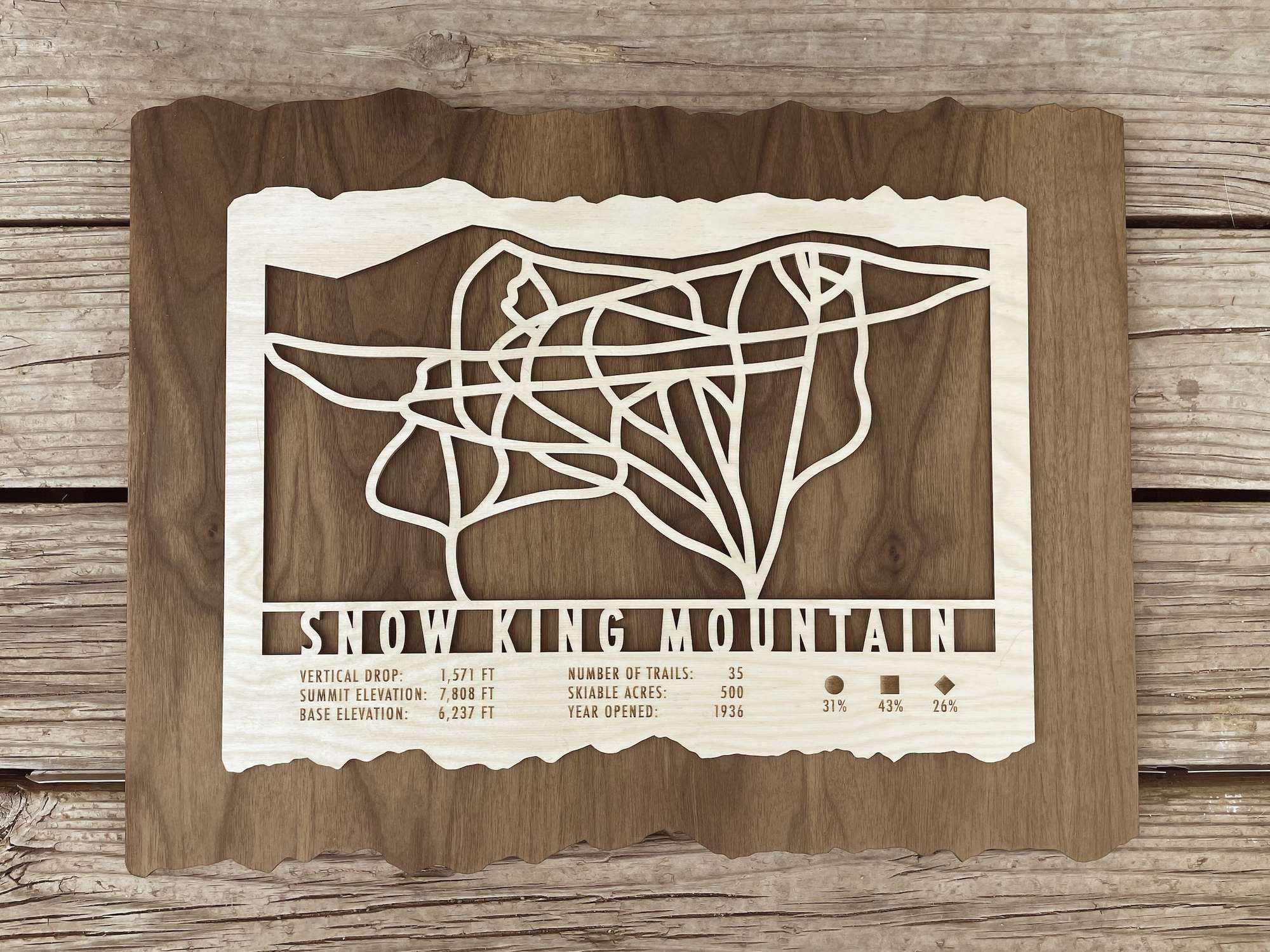 Snow King Mountain ski trail map wood decor with precise trail layout and resort data, perfect for rustic ski lodge or mountain home walls.